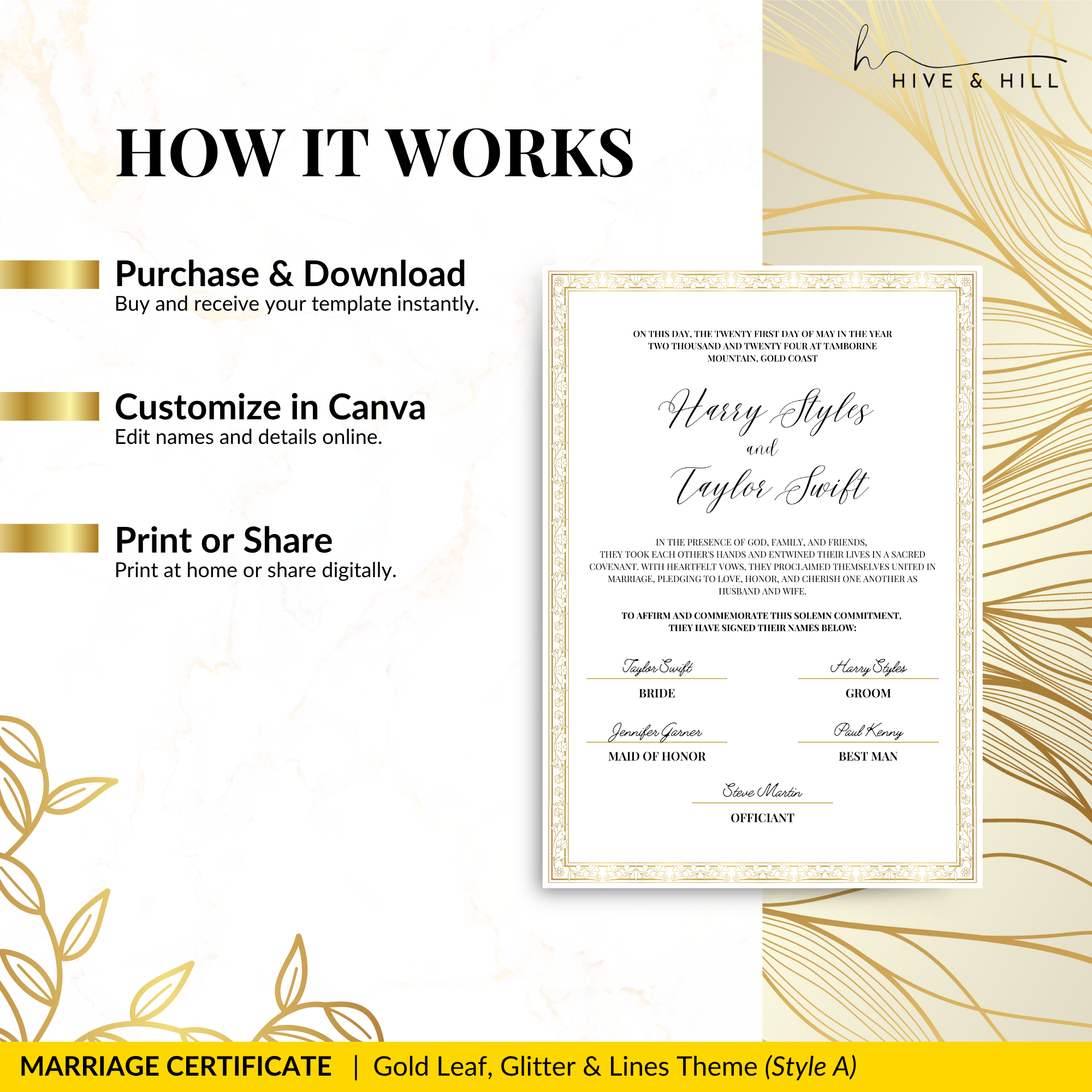 Handcrafted Gold Portrait Marriage Certificate – Elegant Keepsake for Your Wedding Day