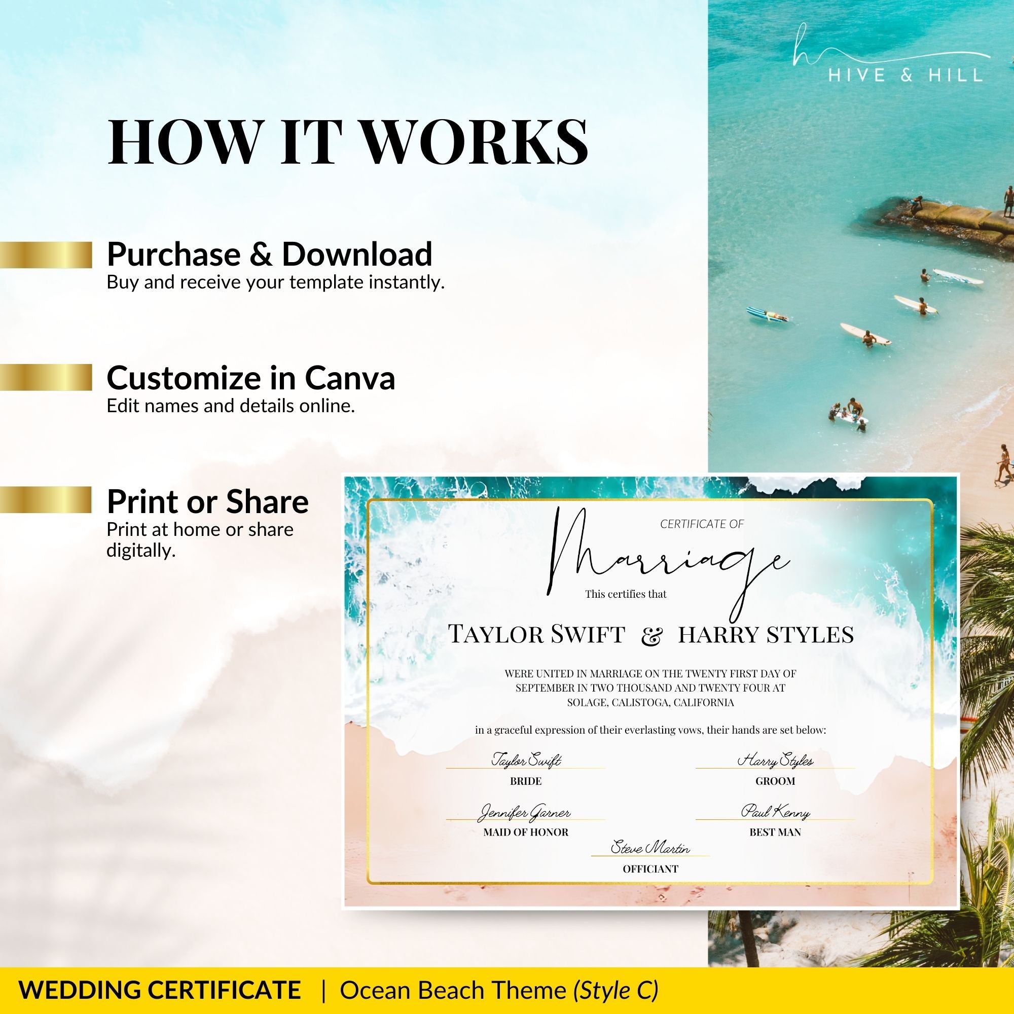 Endless Horizon Surfside Wedding Certificate – Aerial Beach & Sun-Inspired Memento