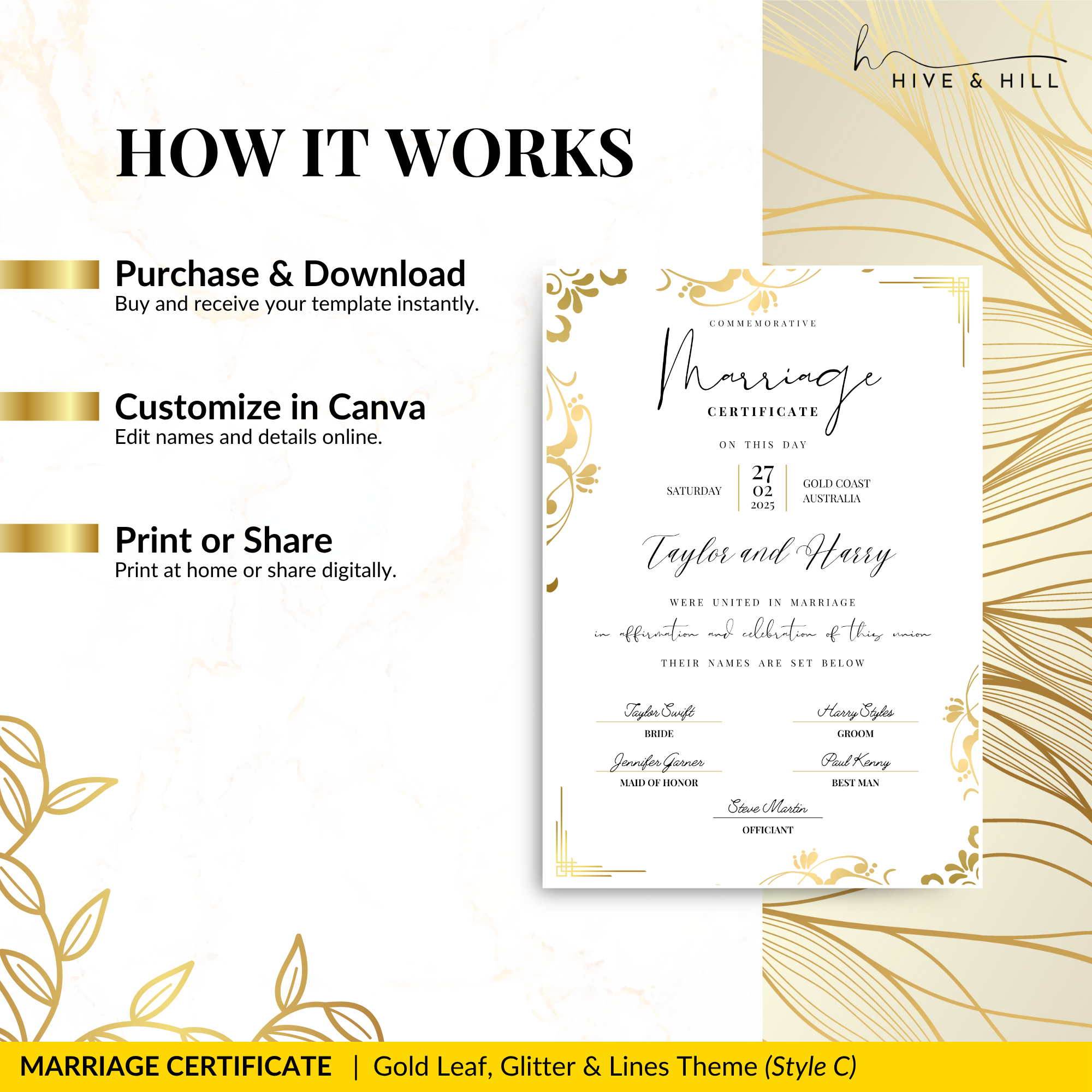 Sophisticated Gold Portrait Marriage Certificate – A Lasting Symbol of Your Wedding Day