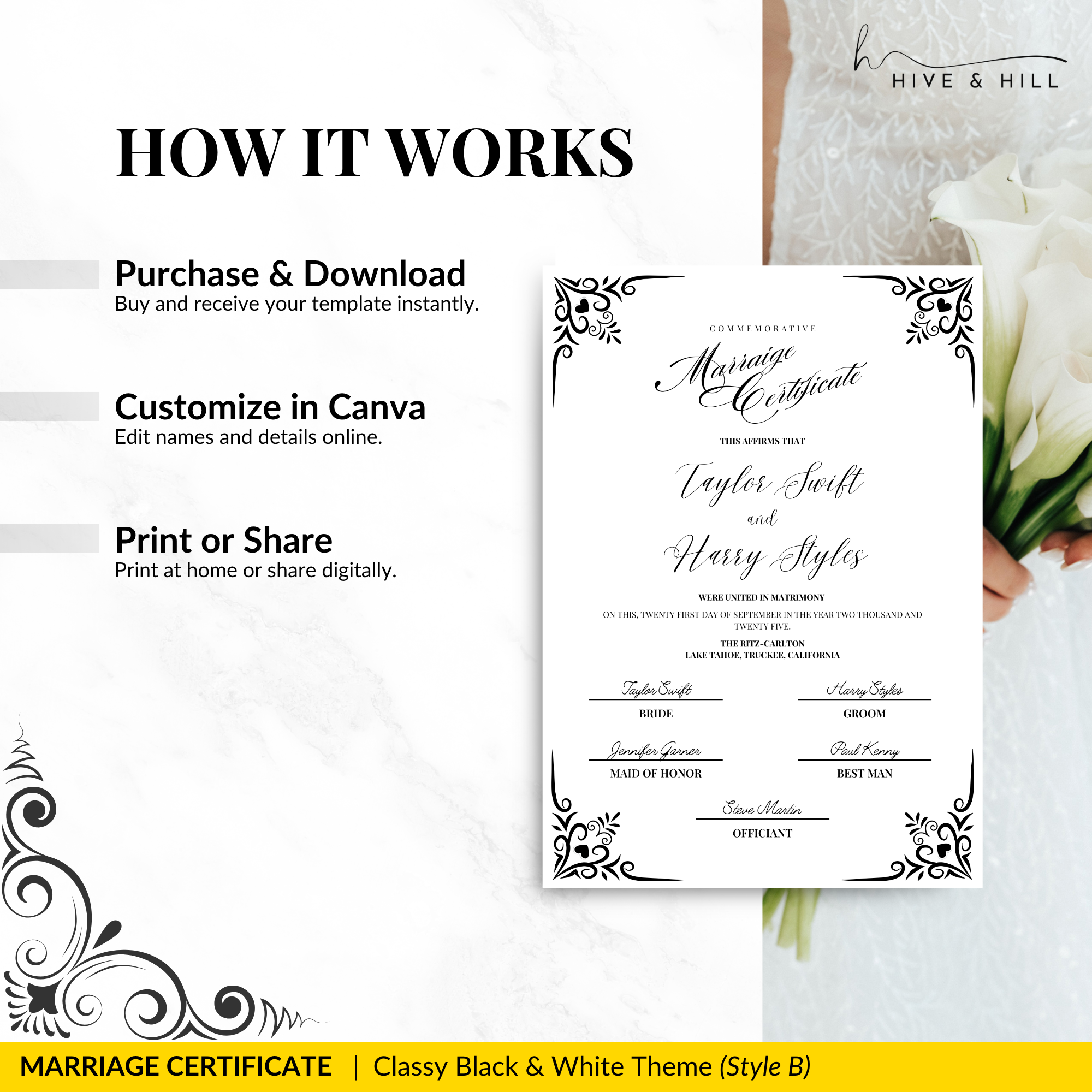 Classic Black and White Portrait Marriage Certificate – Beautifully Crafted Wedding Keepsake
