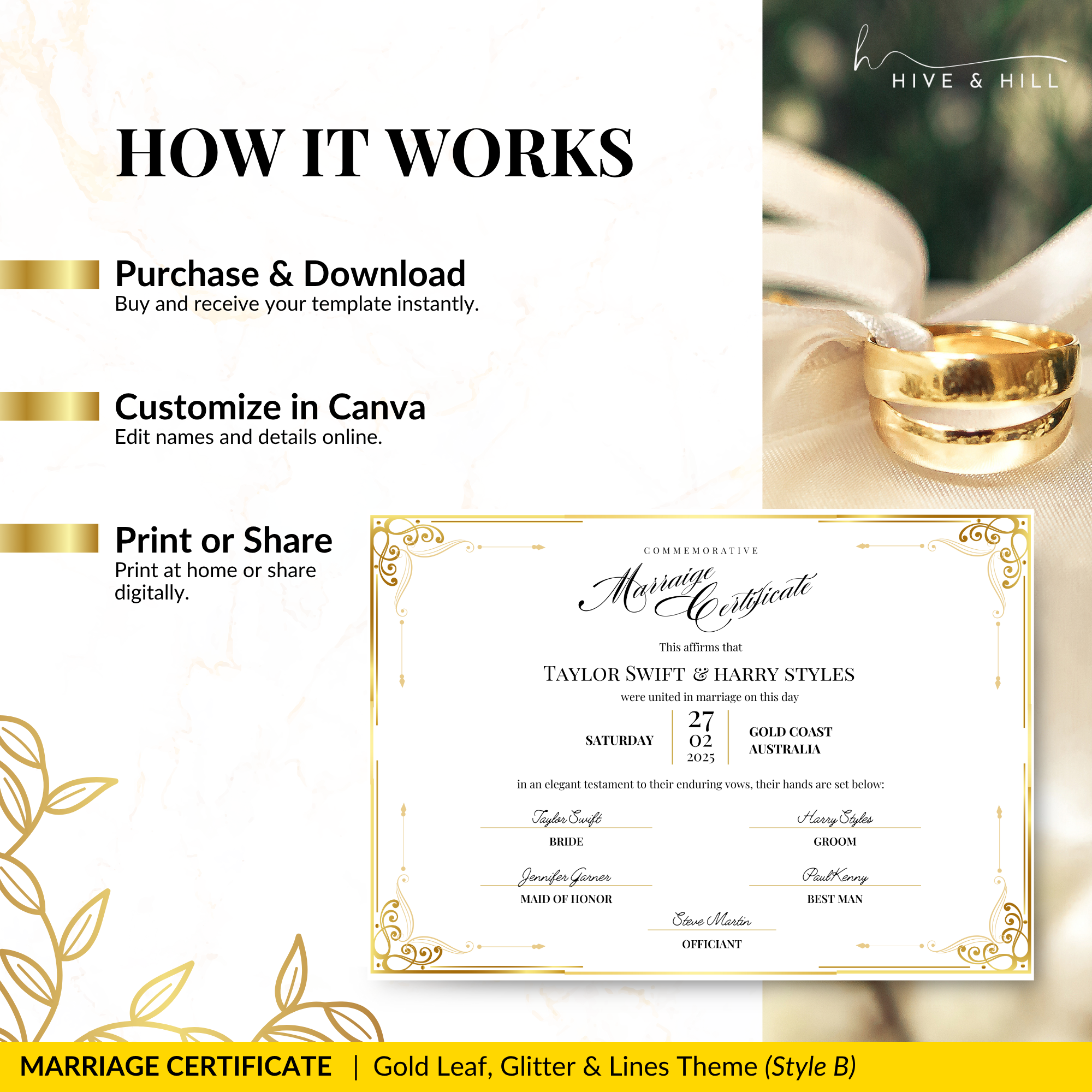 Timeless Gold Landscape Marriage Certificate – A Cherished Keepsake of Your Wedding Day
