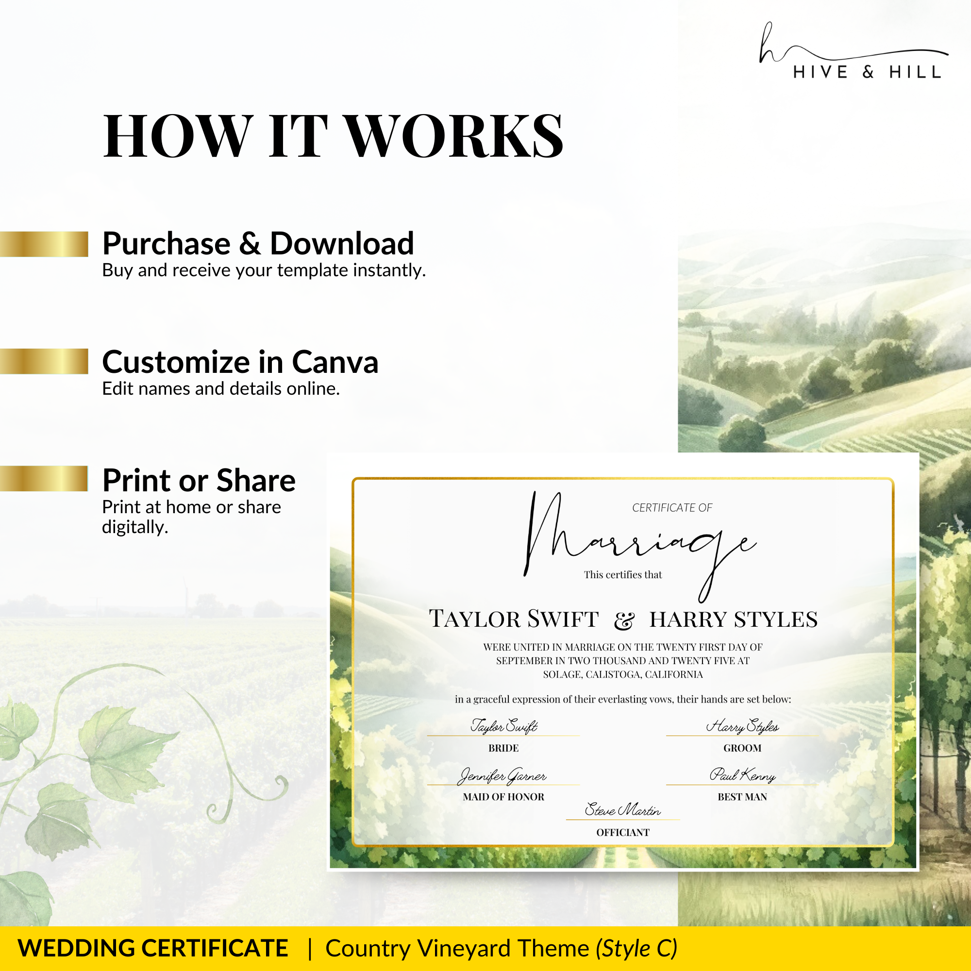 Golden Harvest Wedding Certificate – Vineyard & Rustic Country-Inspired Memento