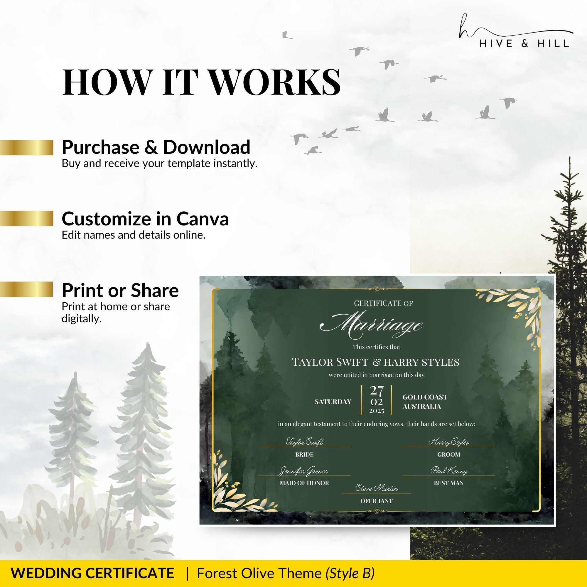 Woodland Harmony Landscape Wedding Certificate – Elegant Forest-Inspired Design