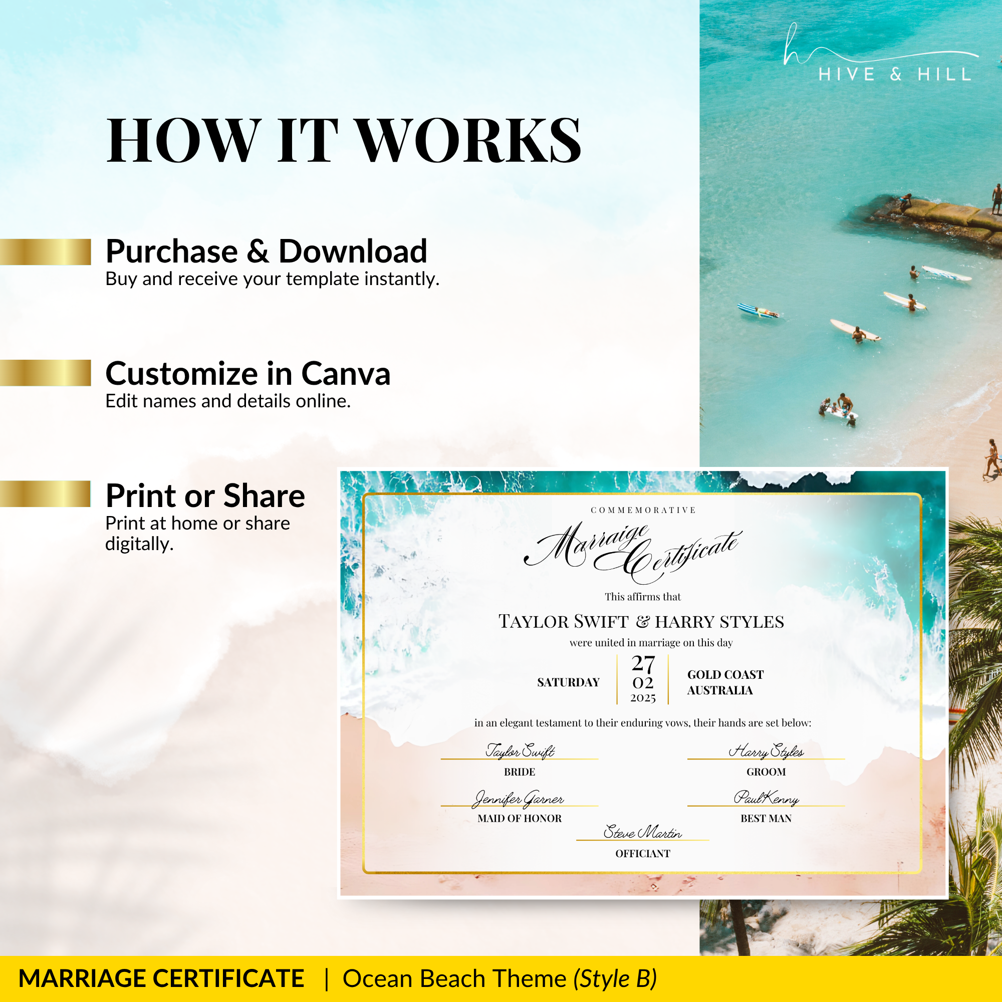 Ocean Breeze Landscape Wedding Certificate – Elegant Beach & Waves Design