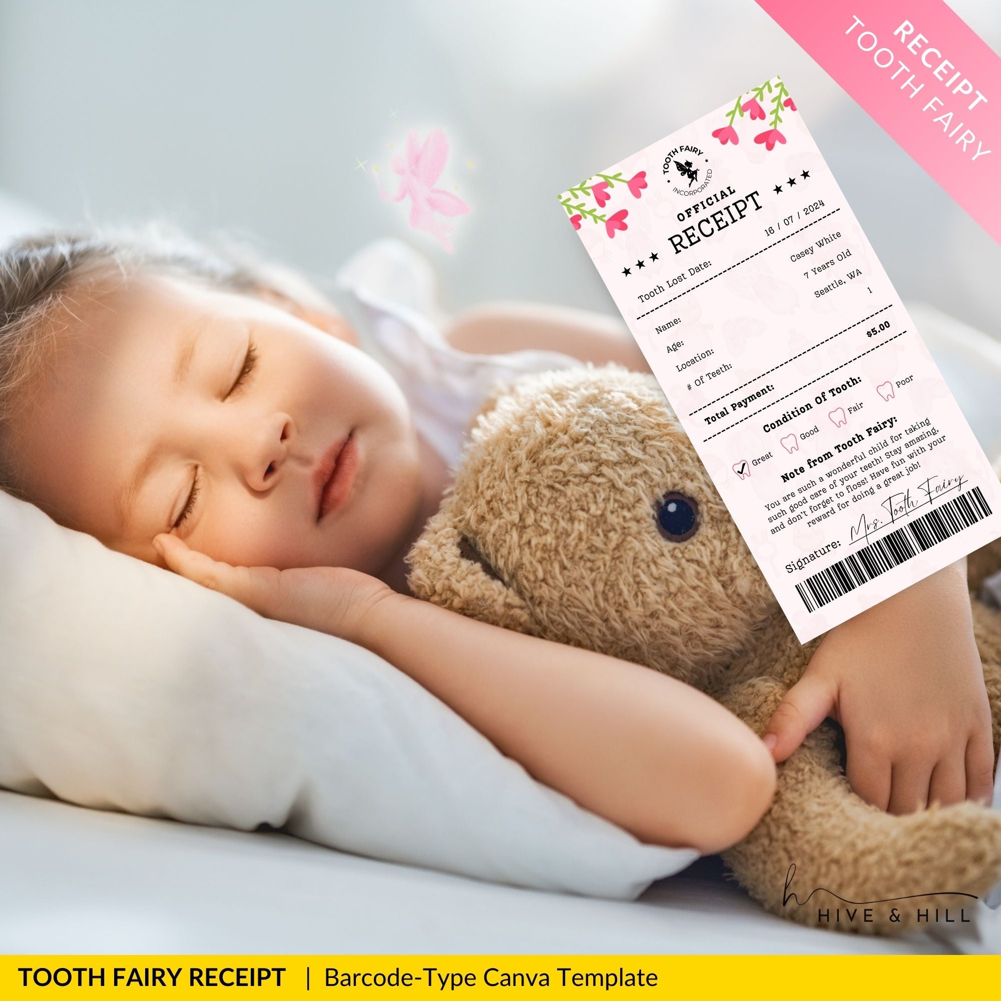 PERSONALIZED Baby Girl Tooth Fairy Receipt - Download, Edit, and Print for a Sweet Surprise Under the Pillow.