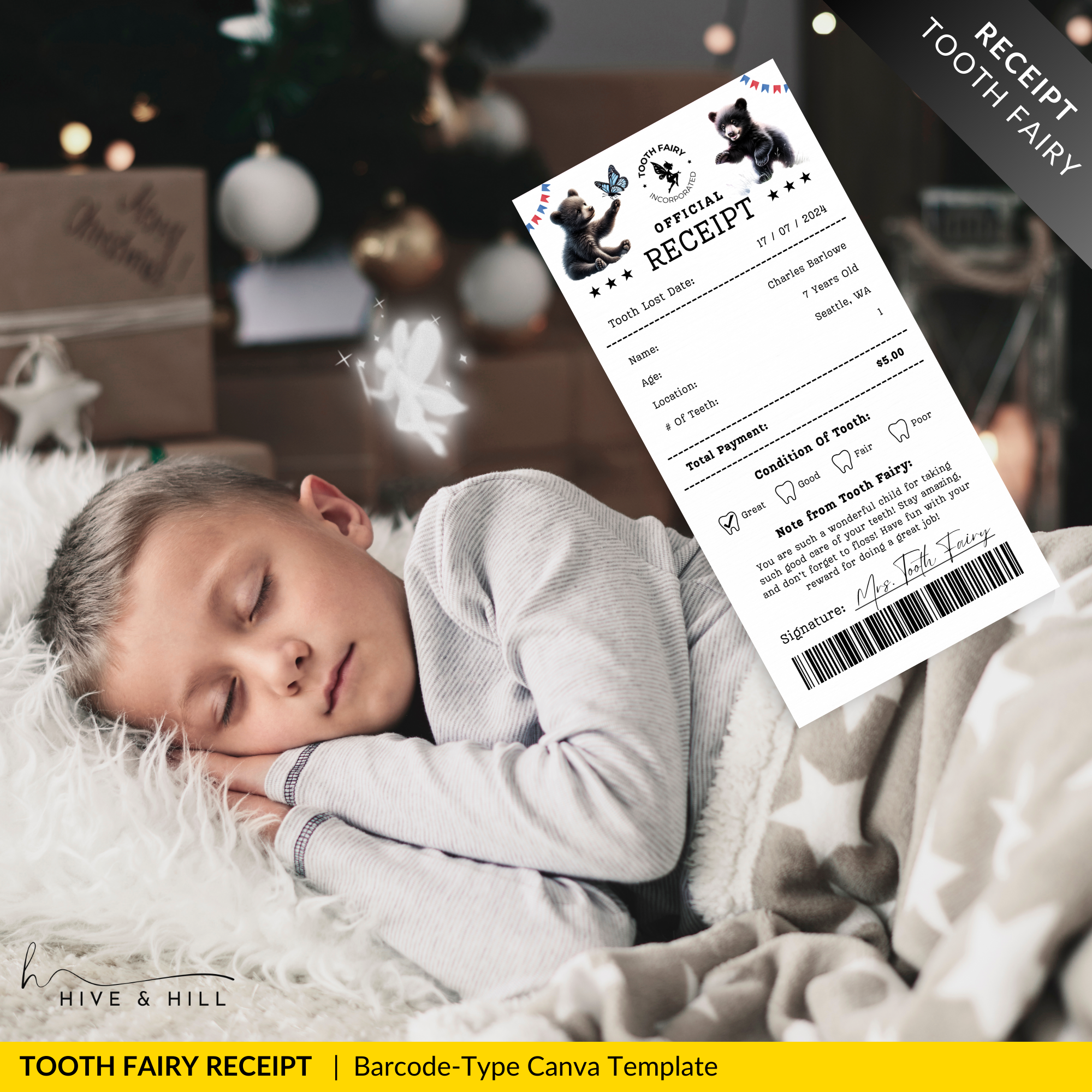 PERSONALIZED American Bear Cub Tooth Fairy Receipt for Kids - Download, Edit, and Print for a Magical Surprise Under the Pillow