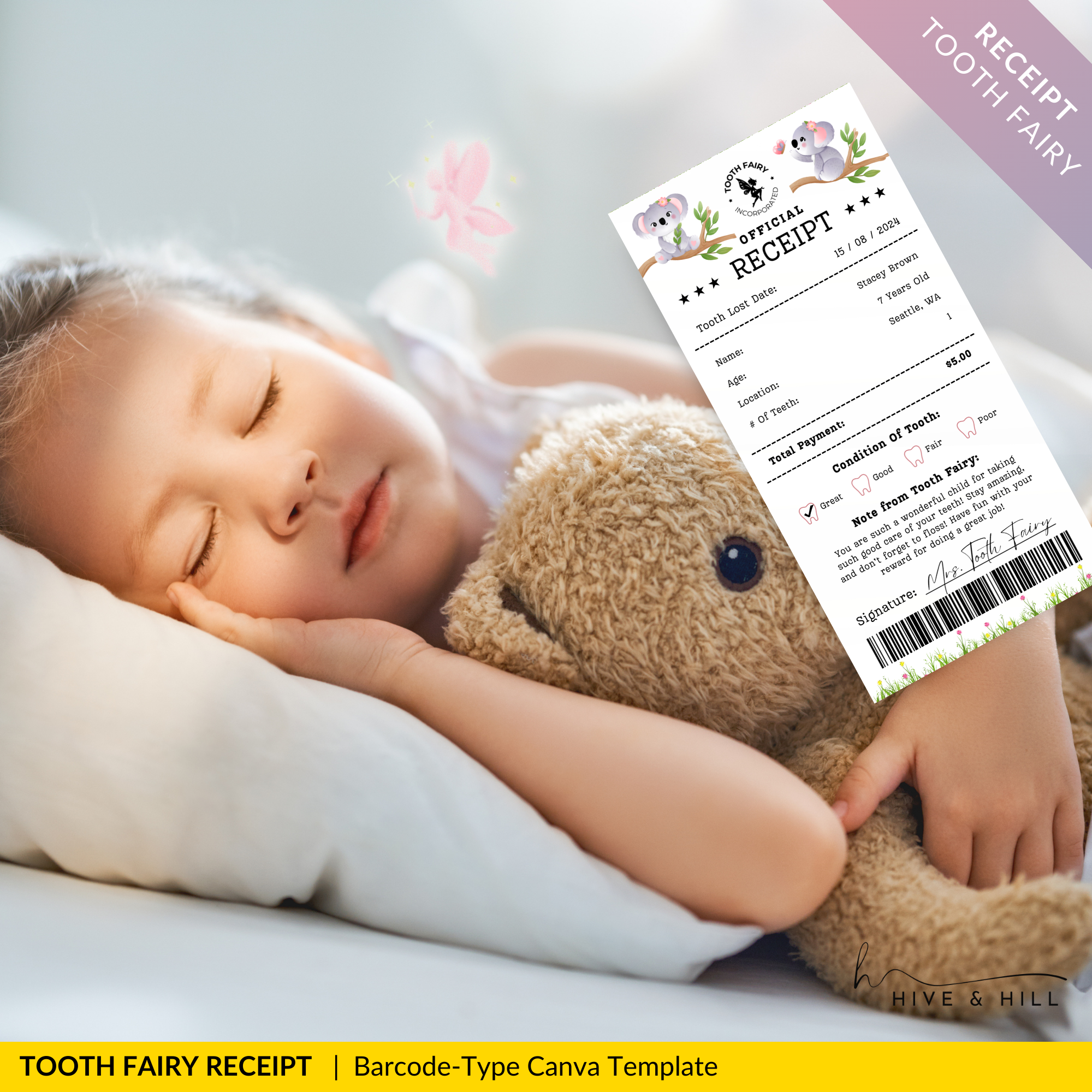 PERSONALIZED Australian Koala Bear Tooth Fairy Receipt for Kids - Download, Edit, and Print for a Memorable Surprise Under the Pillow.