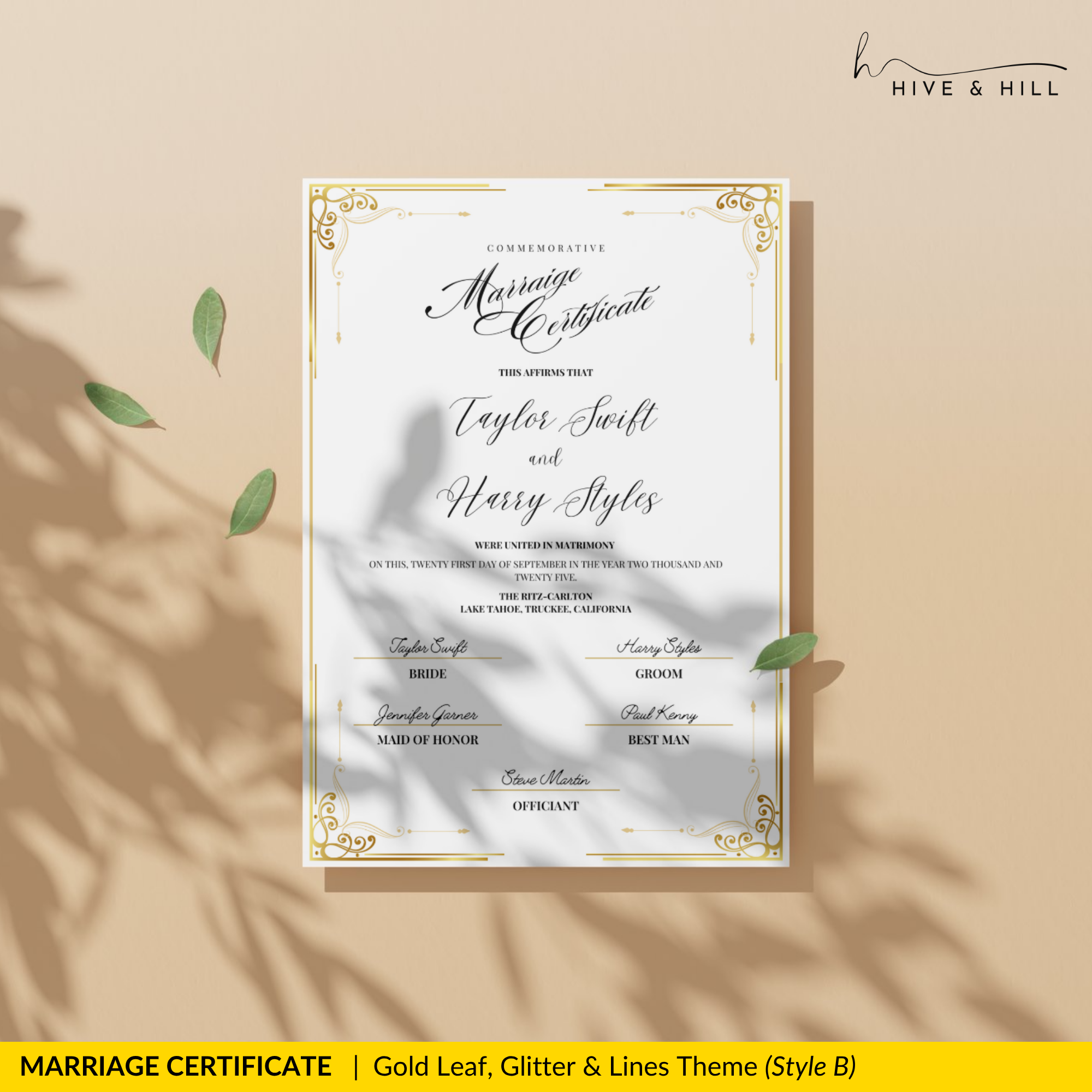 Handcrafted Gold Portrait Marriage Certificate – Keepsake for Your Wedding Day