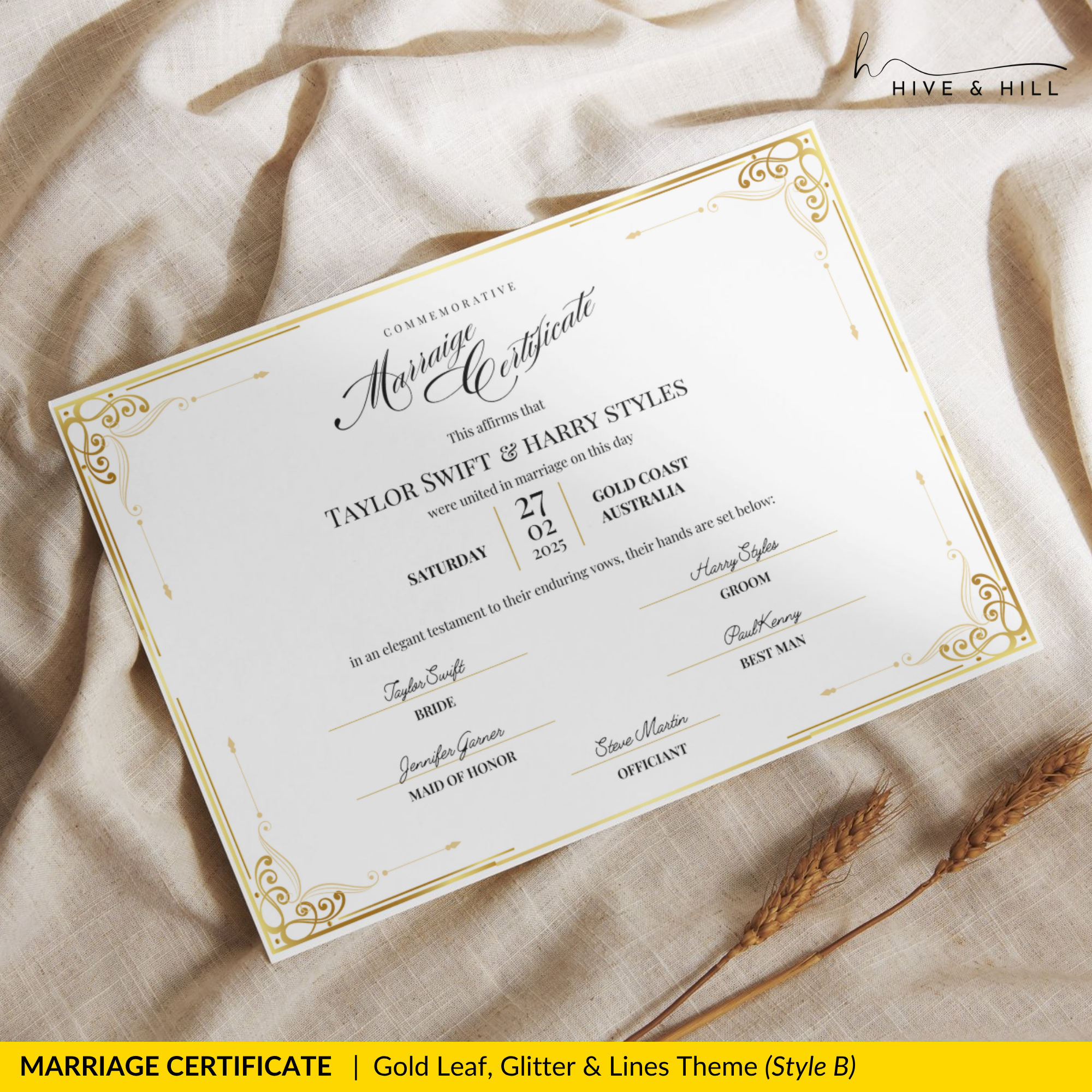 Timeless Gold Landscape Marriage Certificate – A Cherished Keepsake of Your Wedding Day