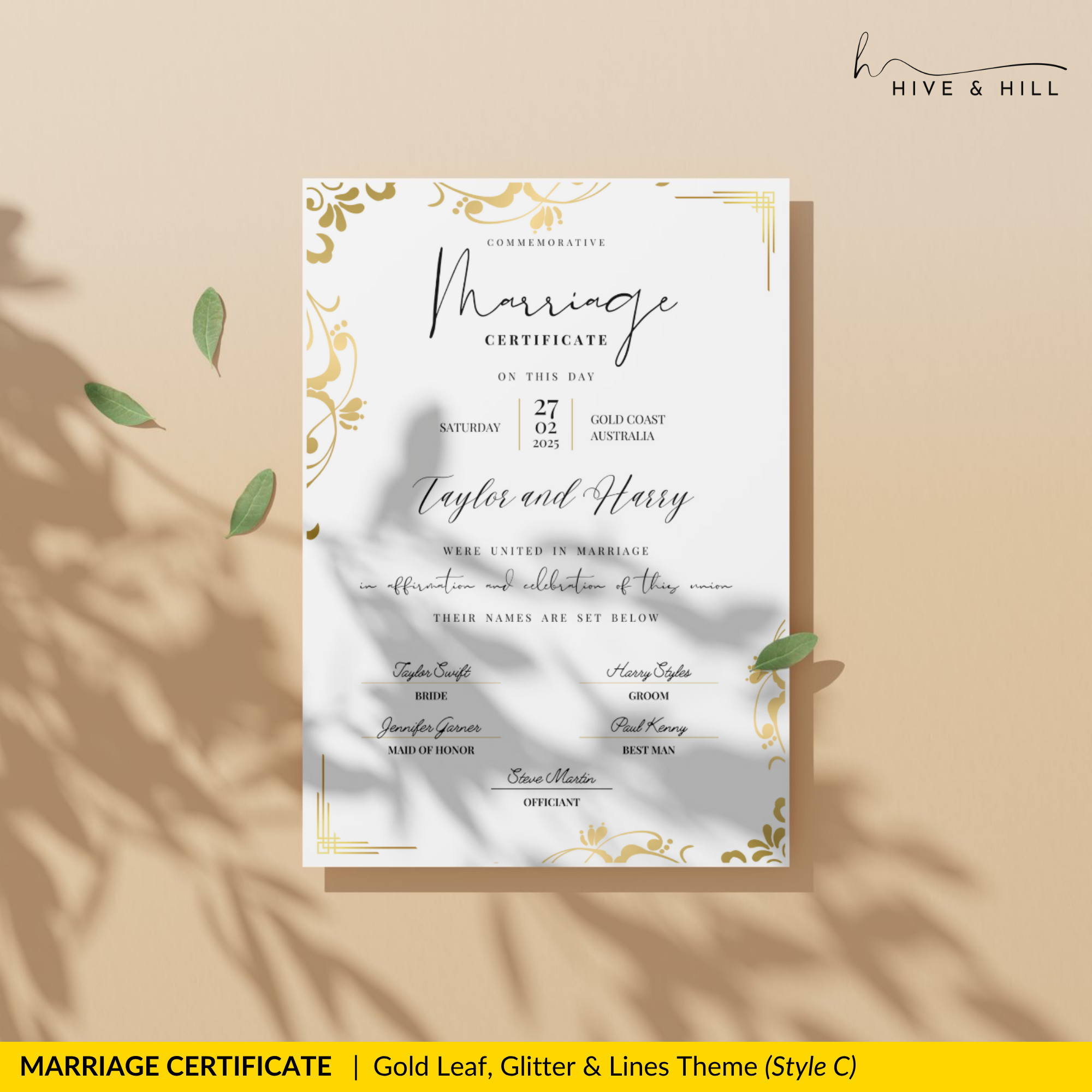 Sophisticated Gold Portrait Marriage Certificate – A Lasting Symbol of Your Wedding Day