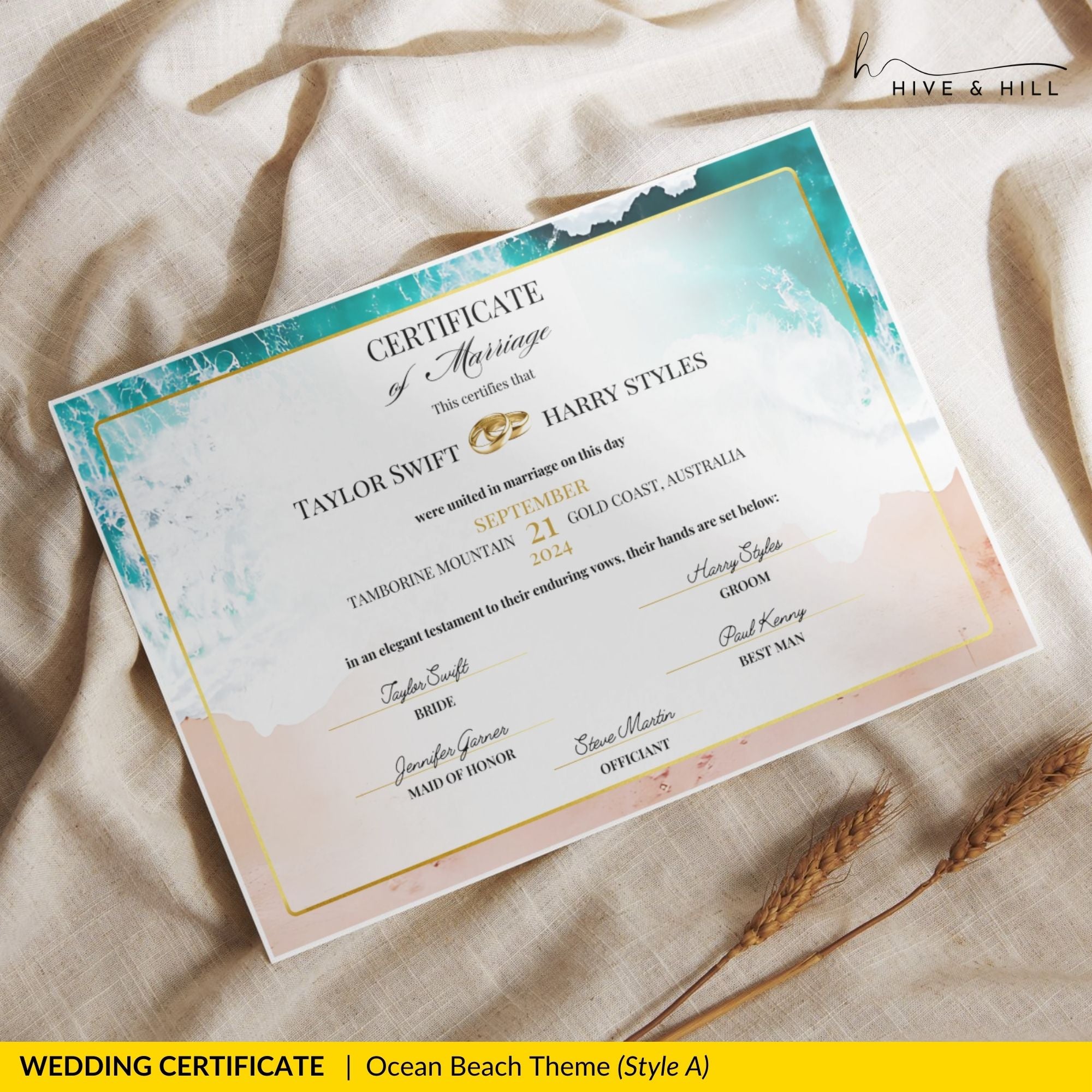 Coastal Serenity Beach Wedding Certificate – Sun, Surf & Sand Keepsake