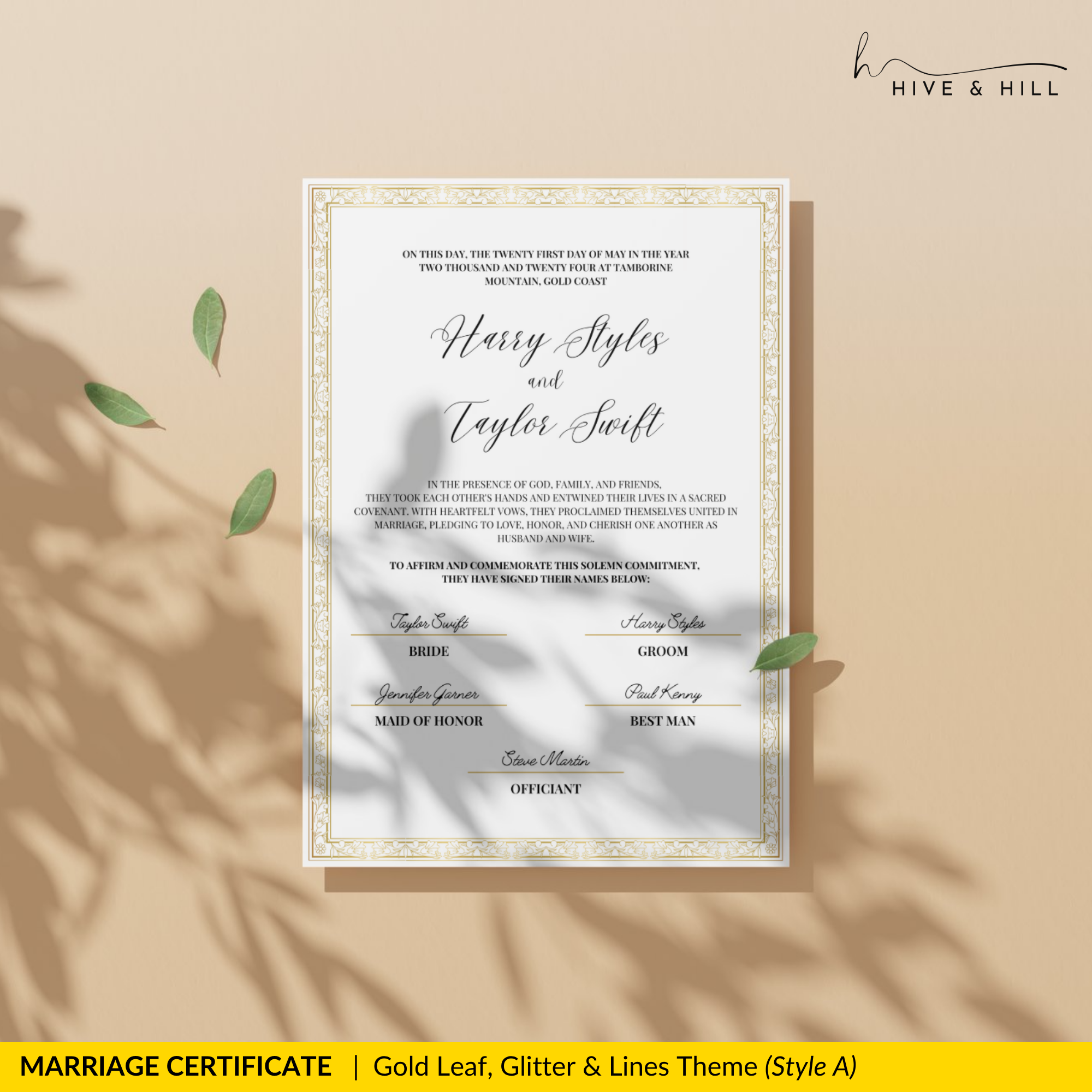 Handcrafted Gold Portrait Marriage Certificate – Elegant Keepsake for Your Wedding Day