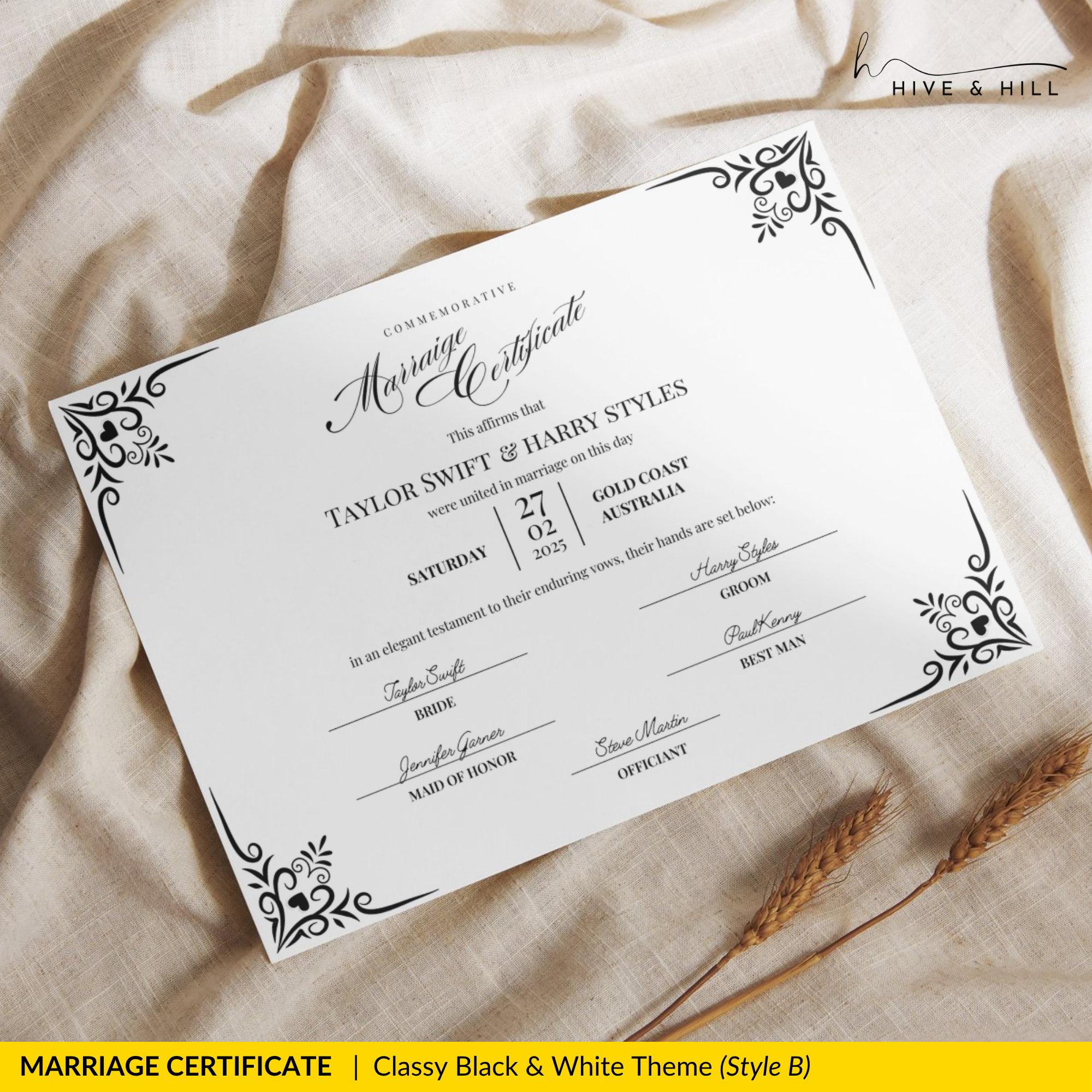 Timeless Black and White Landscape Marriage Certificate – Elegant Wedding Keepsake