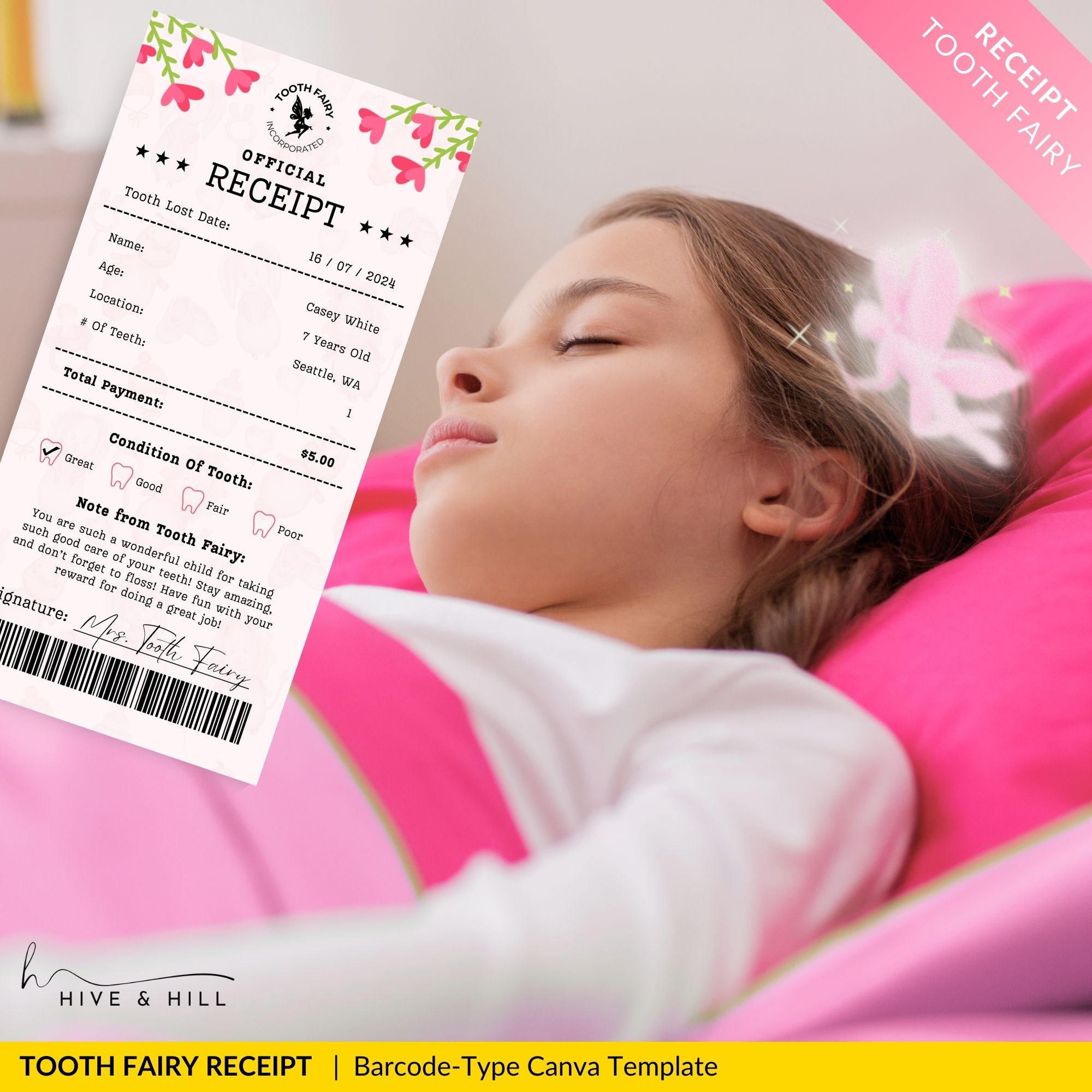 PERSONALIZED Baby Girl Tooth Fairy Receipt - Download, Edit, and Print for a Sweet Surprise Under the Pillow.