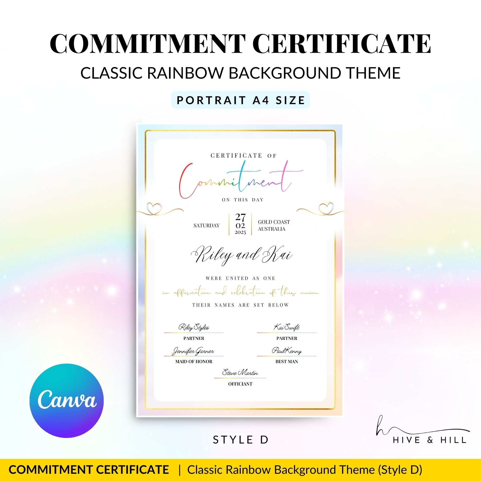 Customizable LGBTQ+ pronoun commitment certificate template in elegant portrait format with stylish design.