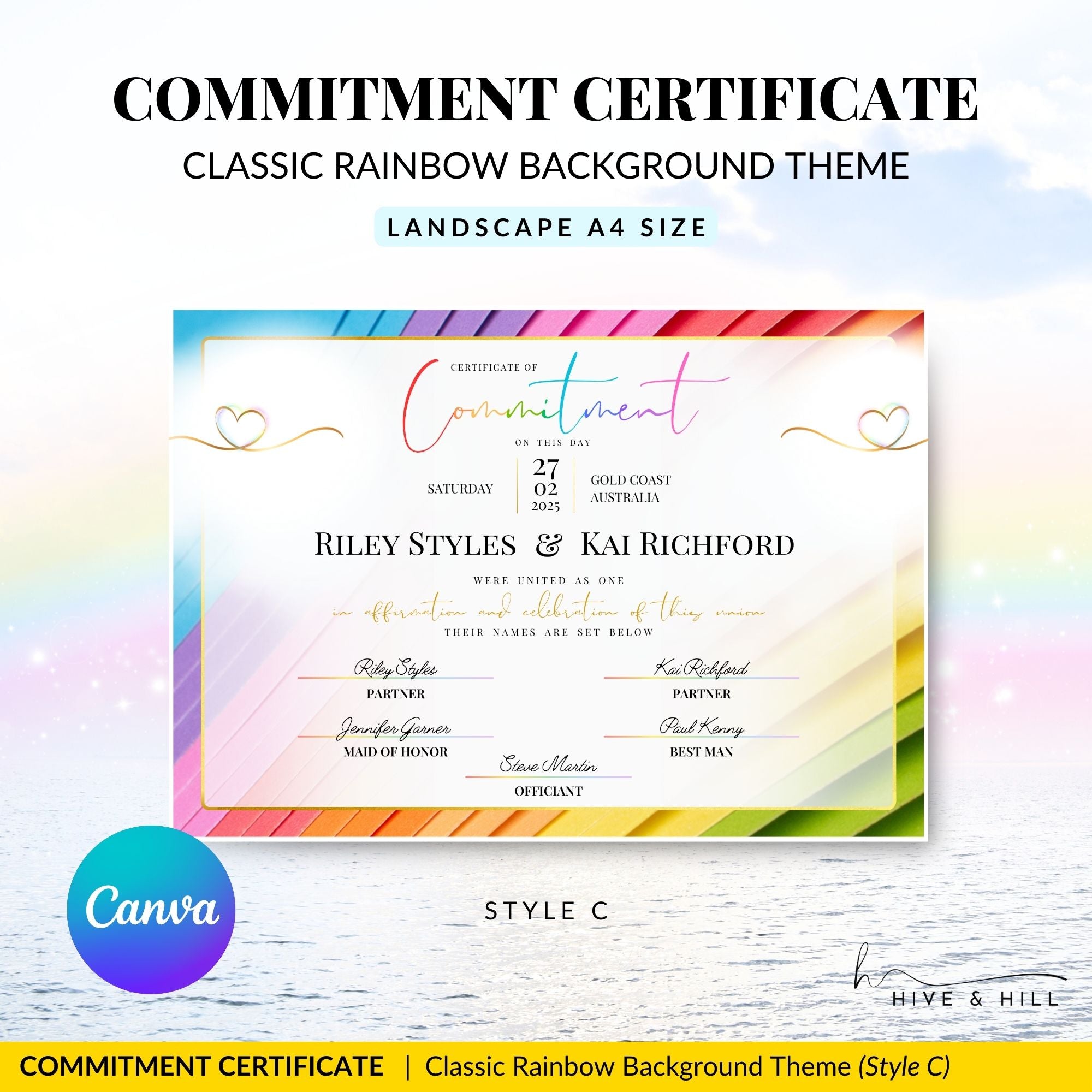 Beautiful Pronoun landscape commitment certificate, inclusive and editable, with rainbow border. Hive and Hill.