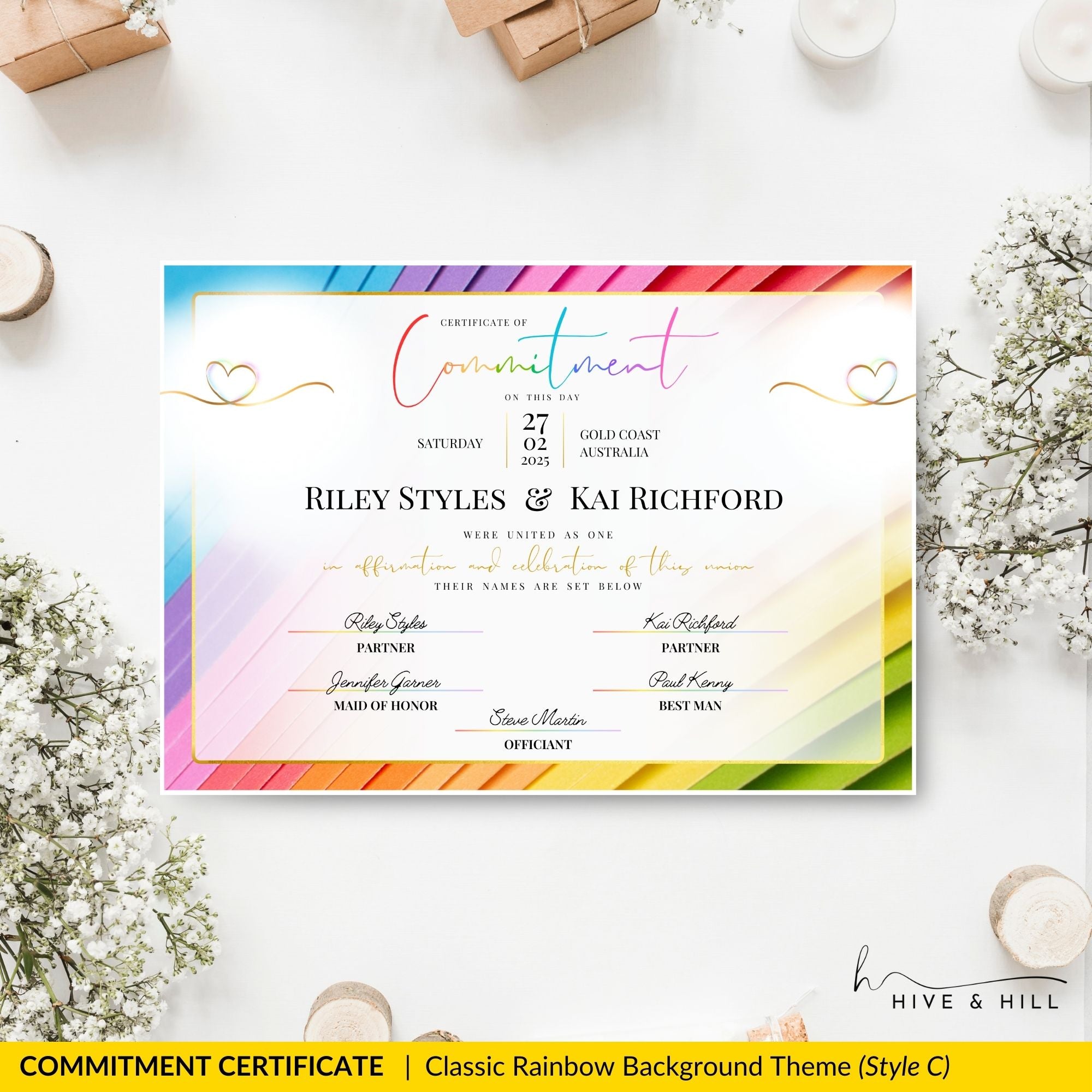 Landscape pronoun commitment certificate in rainbow colors, flat lay with flowers and candles.