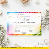Landscape pronoun commitment certificate in rainbow colors, flat lay with flowers and candles.