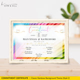 Landscape rainbow pronoun commitment certificate in a white frame on a wooden surface with plant in background.