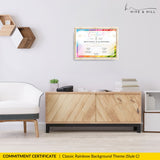 Rainbow-accented Beautiful Pronoun Commitment Certificate in a landscape format, stylishly framed and showcased on a wall above a modern sideboard in a minimalist living room setting.