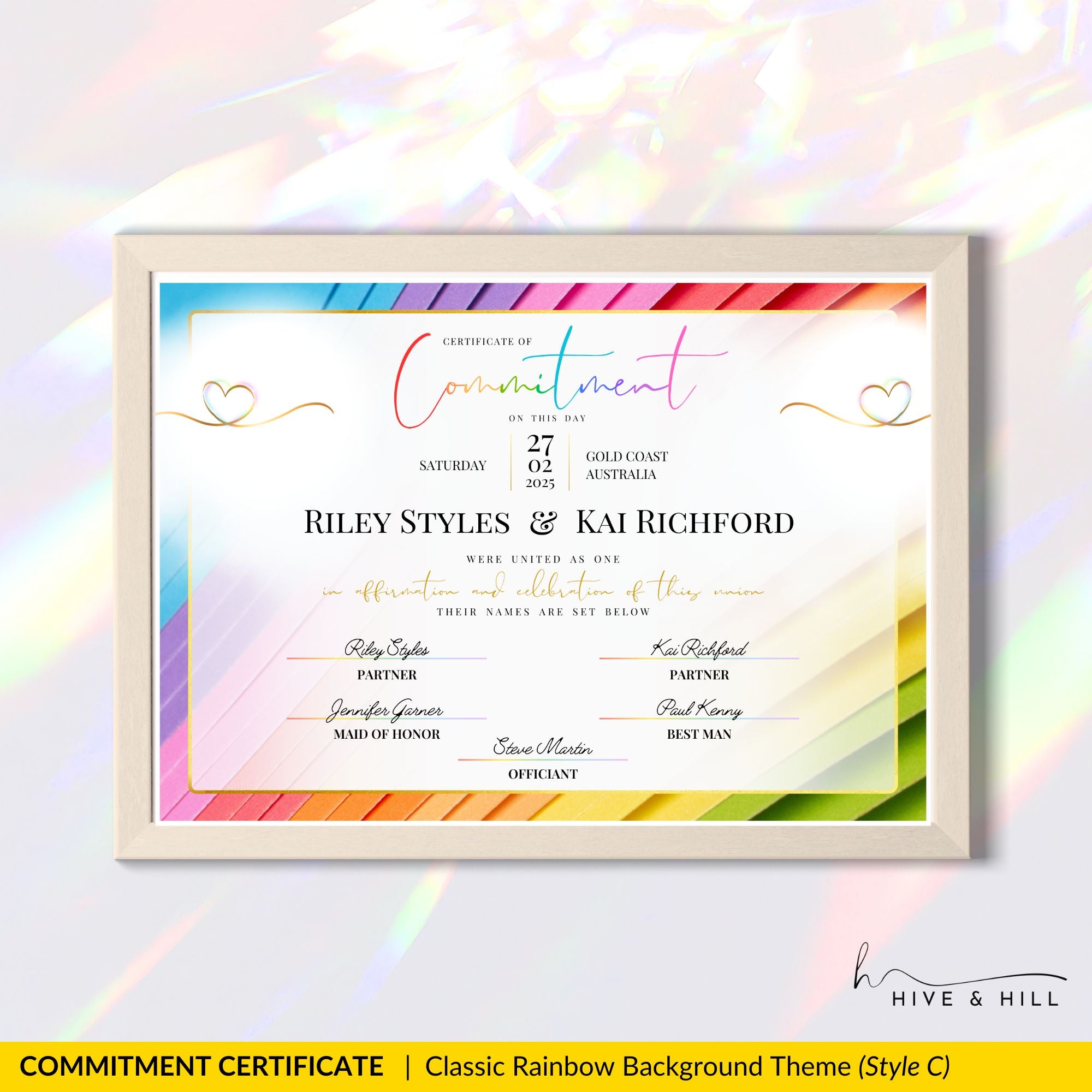 Landscape orientation Beautiful Pronoun Commitment Certificate with rainbow diagonal border, displayed in a light wooden frame against a shimmering pastel background.