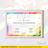 Landscape orientation Beautiful Pronoun Commitment Certificate with rainbow diagonal border, displayed in a light wooden frame against a shimmering pastel background.