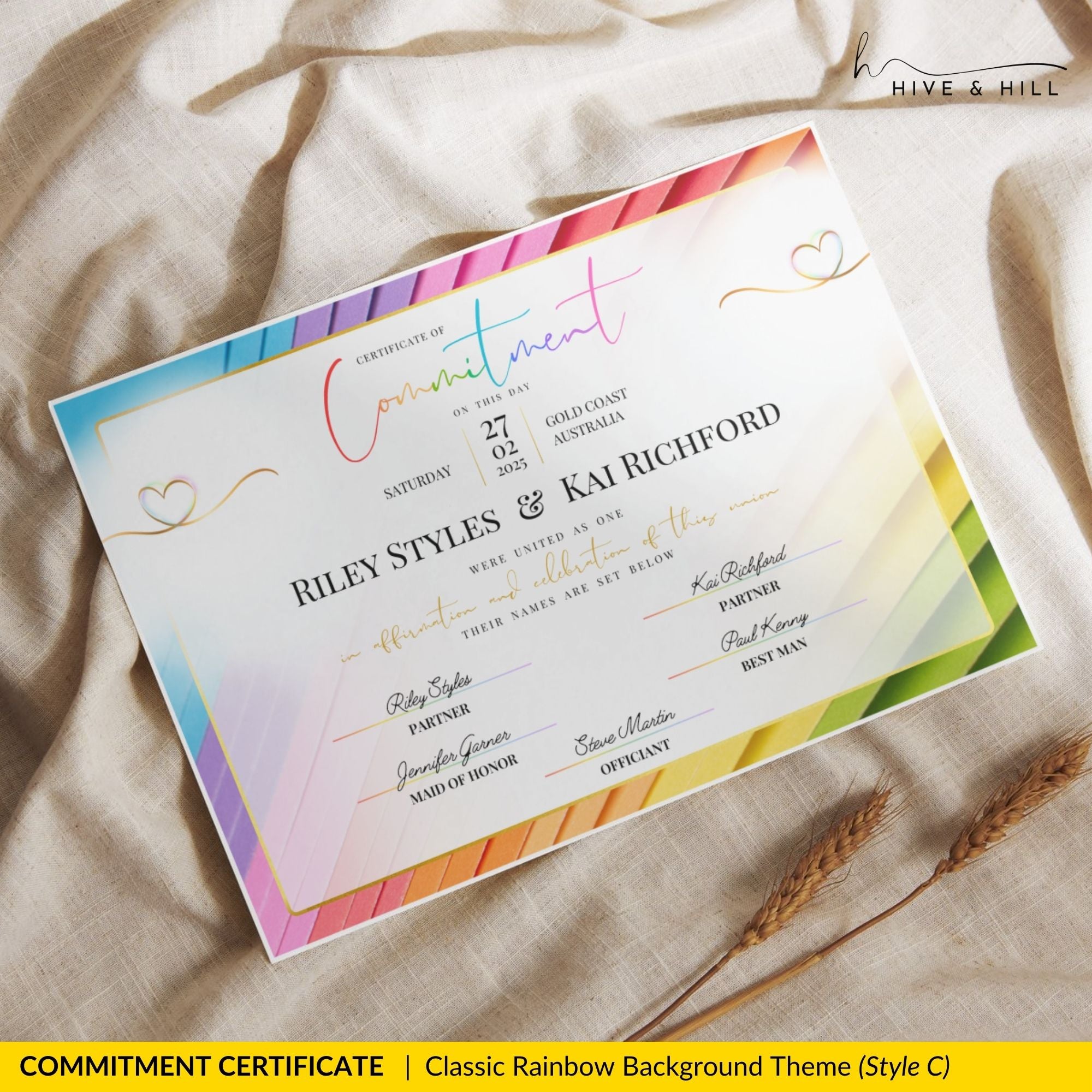 Landscape pronoun commitment certificate with rainbow border on linen fabric.