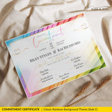 Landscape pronoun commitment certificate with rainbow border on linen fabric.