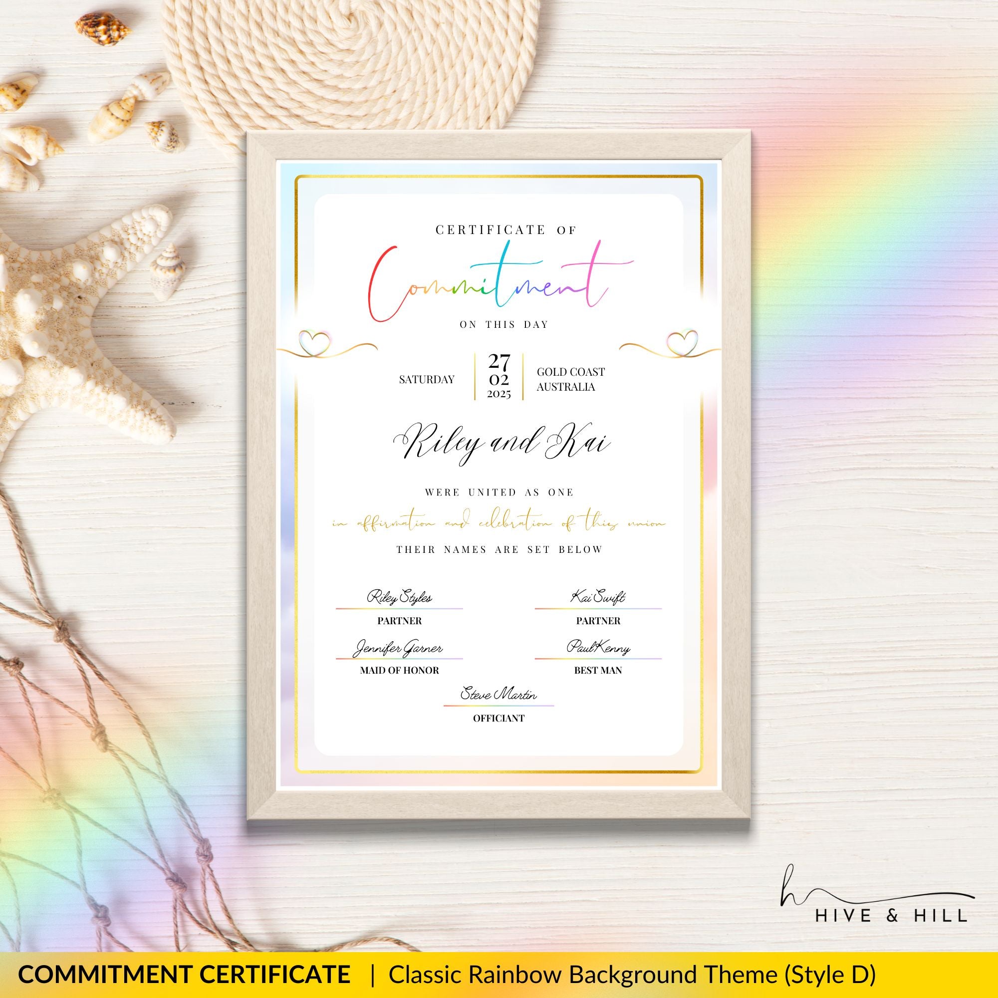 Customizable LGBTQ+ commitment certificate featuring a soft floral border in a portrait layout.