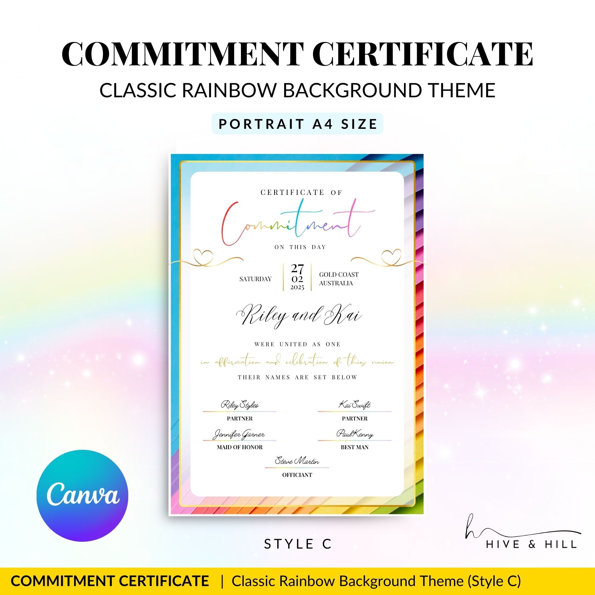 Elegant non-binary and same-sex friendly commitment certificate in classic portrait format, perfect for any couple.