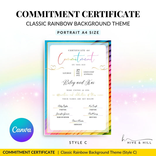 Elegant non-binary and same-sex friendly commitment certificate in classic portrait format, perfect for any couple.