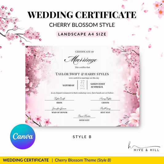 Cherry Blossom Commemorative Wedding Certificate – Elegant Keepsake of Your Special Day