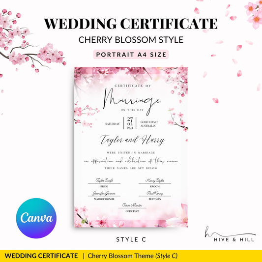 Cherry Blossom Portrait Wedding Certificate – A Timeless Keepsake of Your Love Story