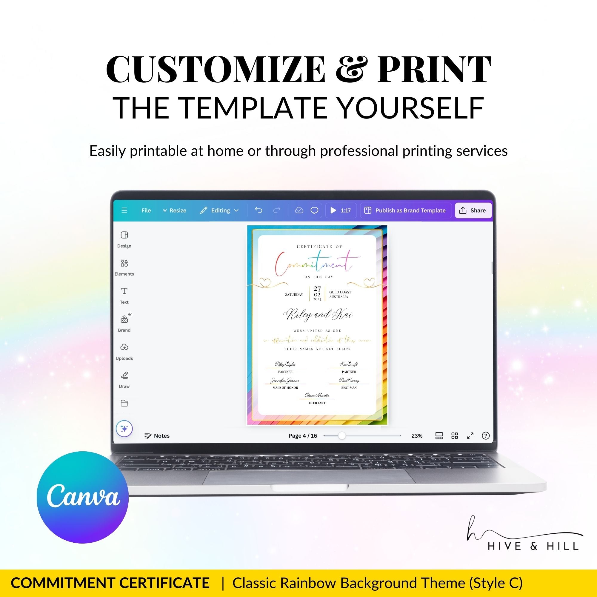 Classic commitment certificate template being personalized in Canva, demonstrating easy editing for non-binary and same-sex couples.