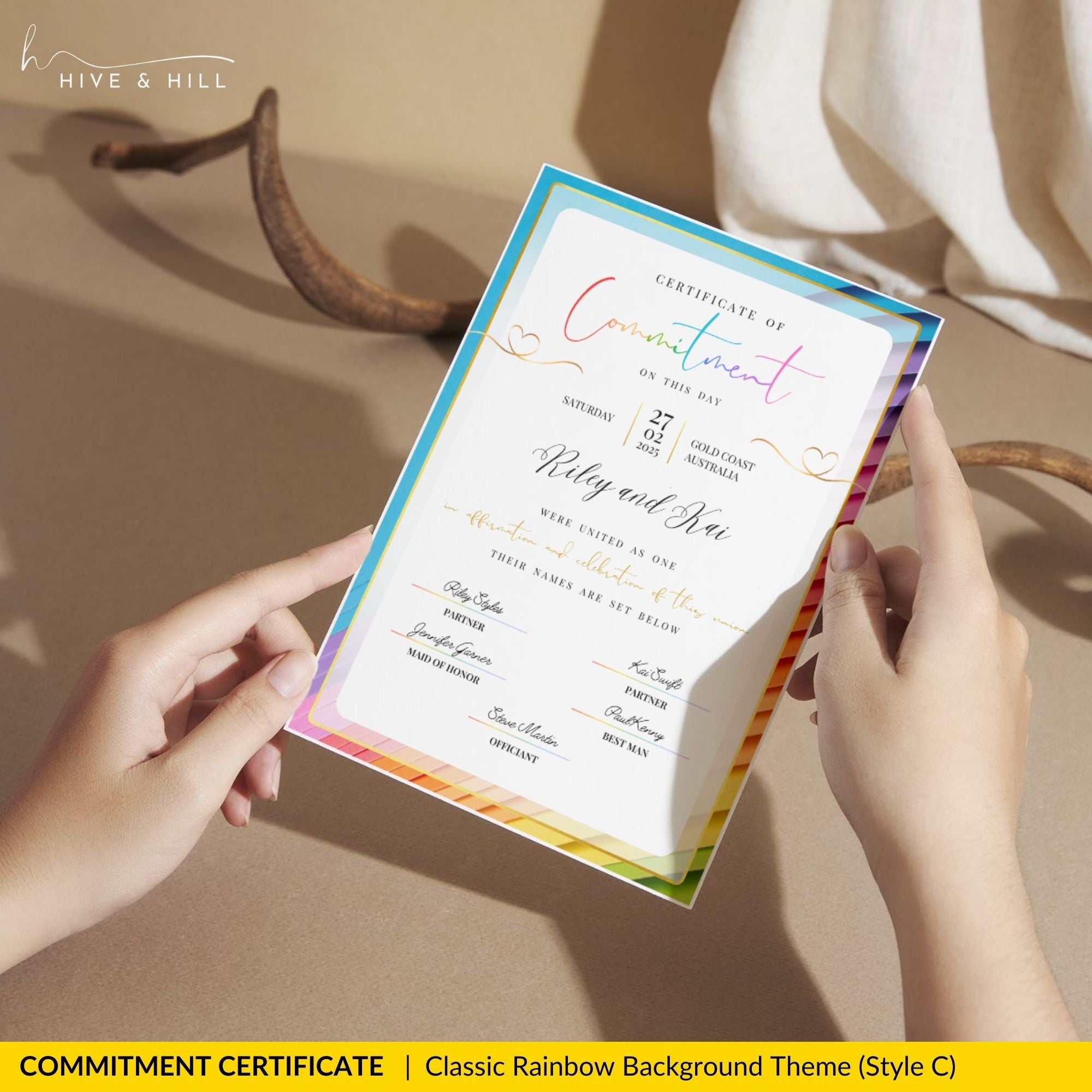 Happy non-binary or same-sex couple celebrating together and holding their personalized commitment certificate.