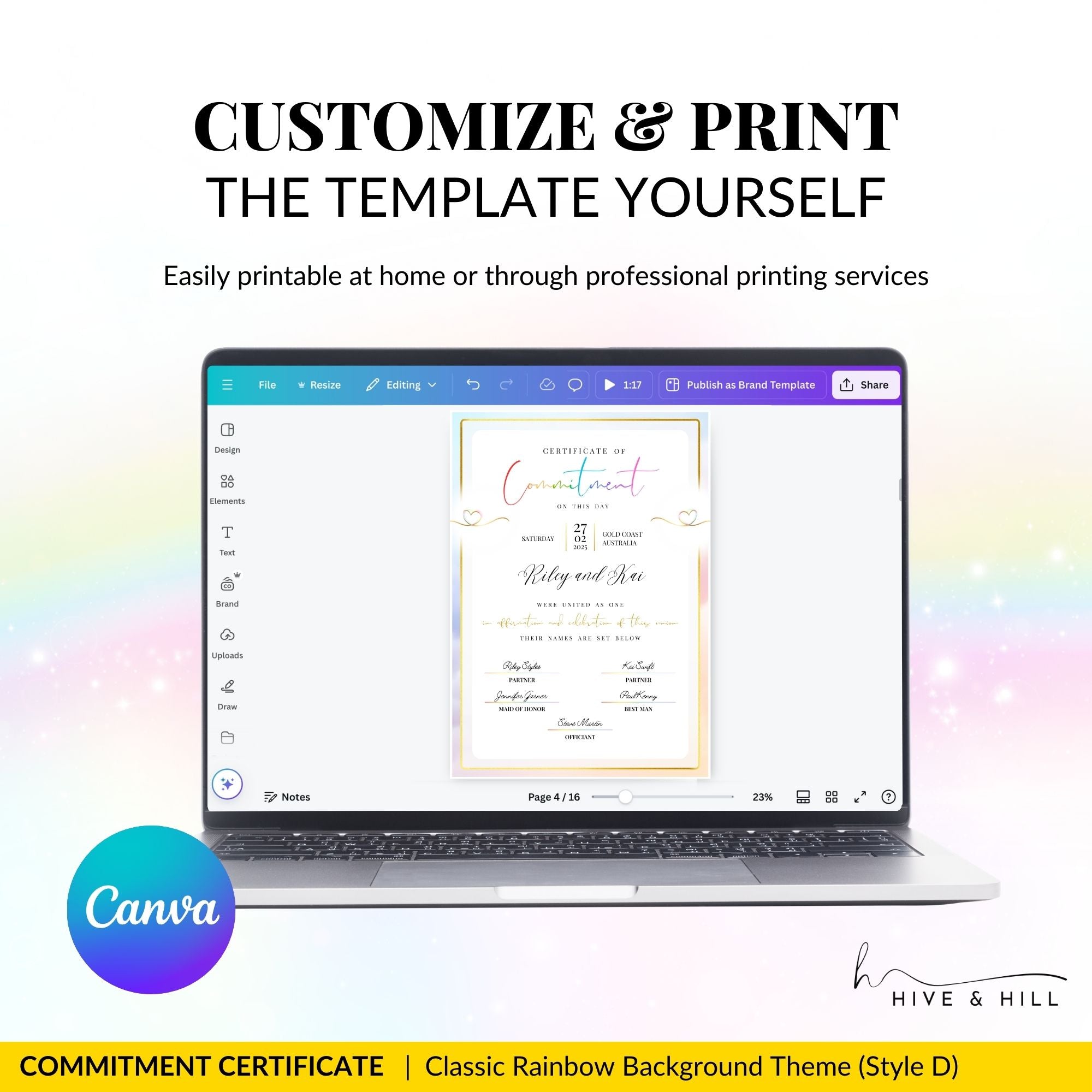 Pronoun commitment certificate template open in Canva, demonstrating easy online customization for LGBTQ+ couples.