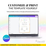 Pronoun commitment certificate template open in Canva, demonstrating easy online customization for LGBTQ+ couples.