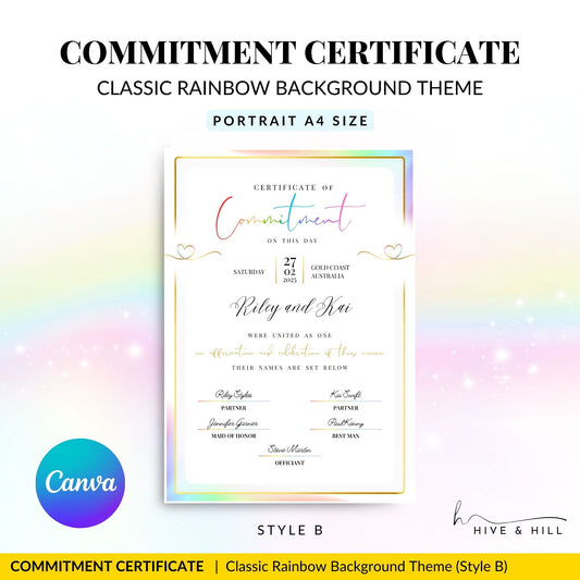 Flat lay of the Fabulous Love Commitment Certificate featuring a rainbow border and bold, celebratory fonts, designed for LGBTQIA+ couples.