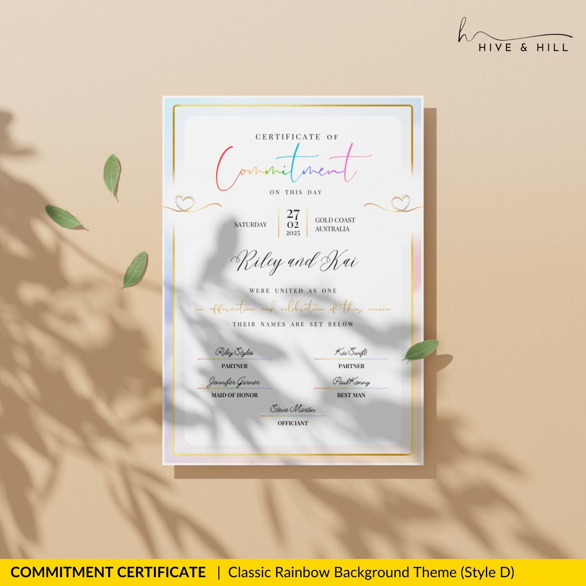 LGBTQ+ pronoun commitment certificate displayed in a modern frame, perfect as a keepsake for couples.