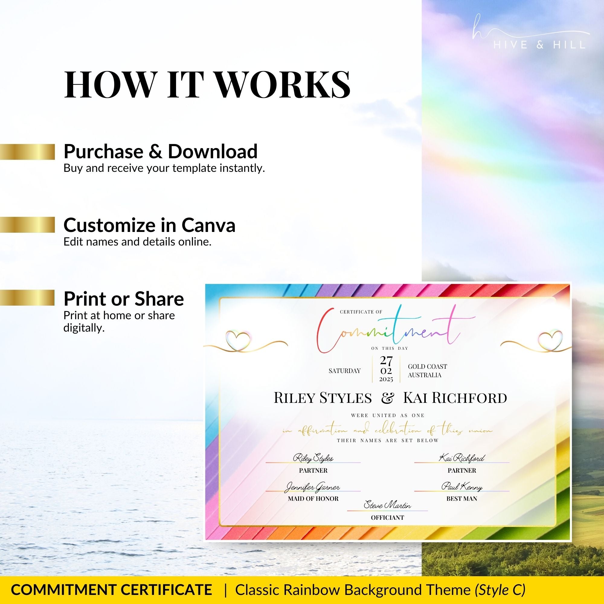 How to use the rainbow pronoun commitment certificate: buy, customize in Canva, print or share.