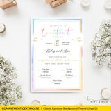 A detailed product showcase image highlighting the features, design options, and personalization possibilities of the LGBTQ+ pronoun commitment certificate template, perfect for couples of all identities.