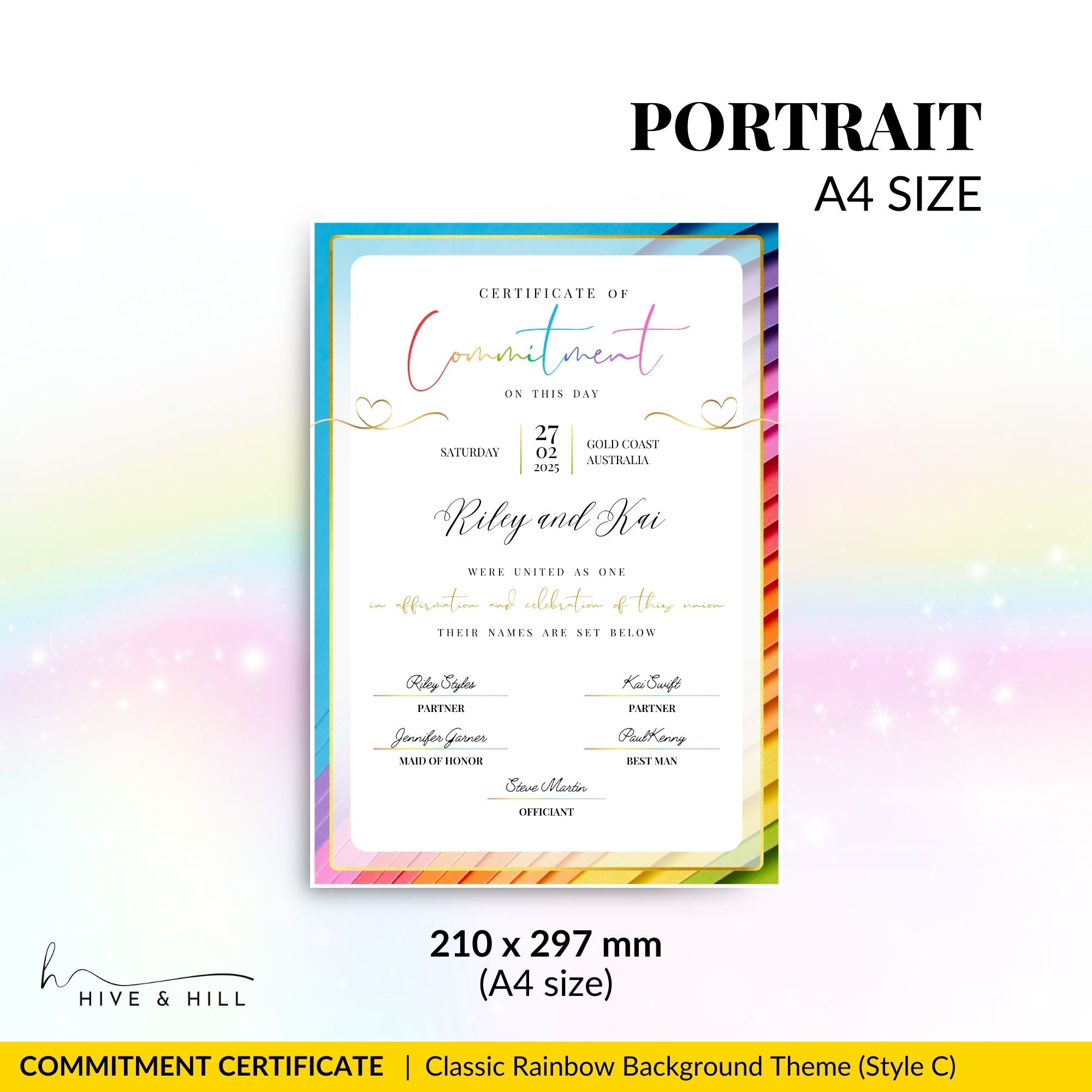 Classic partner commitment certificate template featuring a clean, minimalist border in portrait layout.