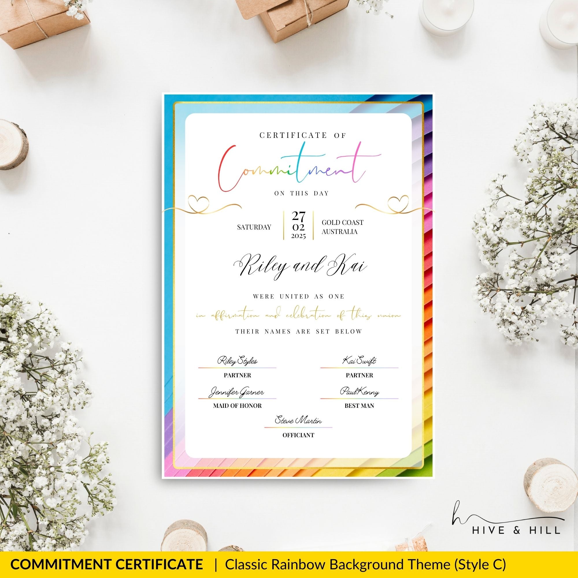 Printed classic partner commitment certificate surrounded by fresh flowers, highlighting its beauty as a gift.