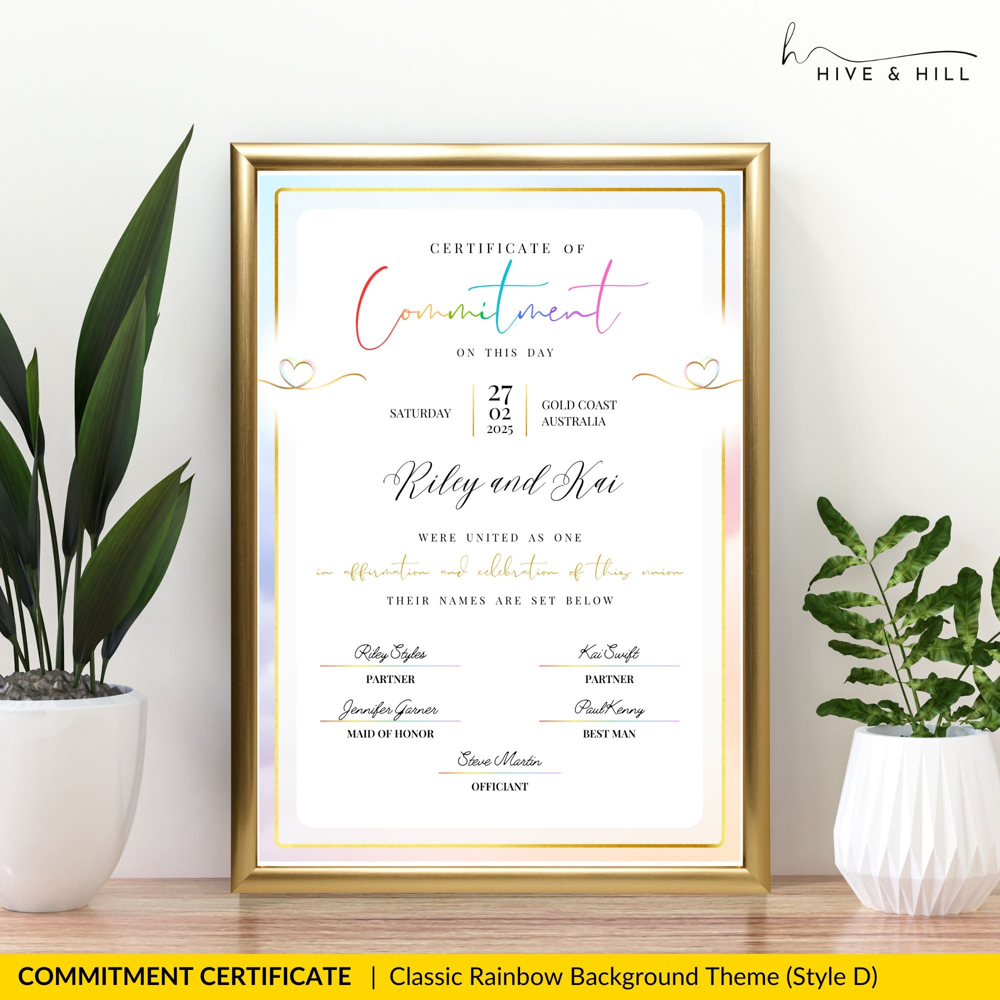 Close-up of commitment certificate template with rainbow-themed accents celebrating LGBTQ+ pride and inclusivity.