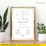 Close-up of commitment certificate template with rainbow-themed accents celebrating LGBTQ+ pride and inclusivity.