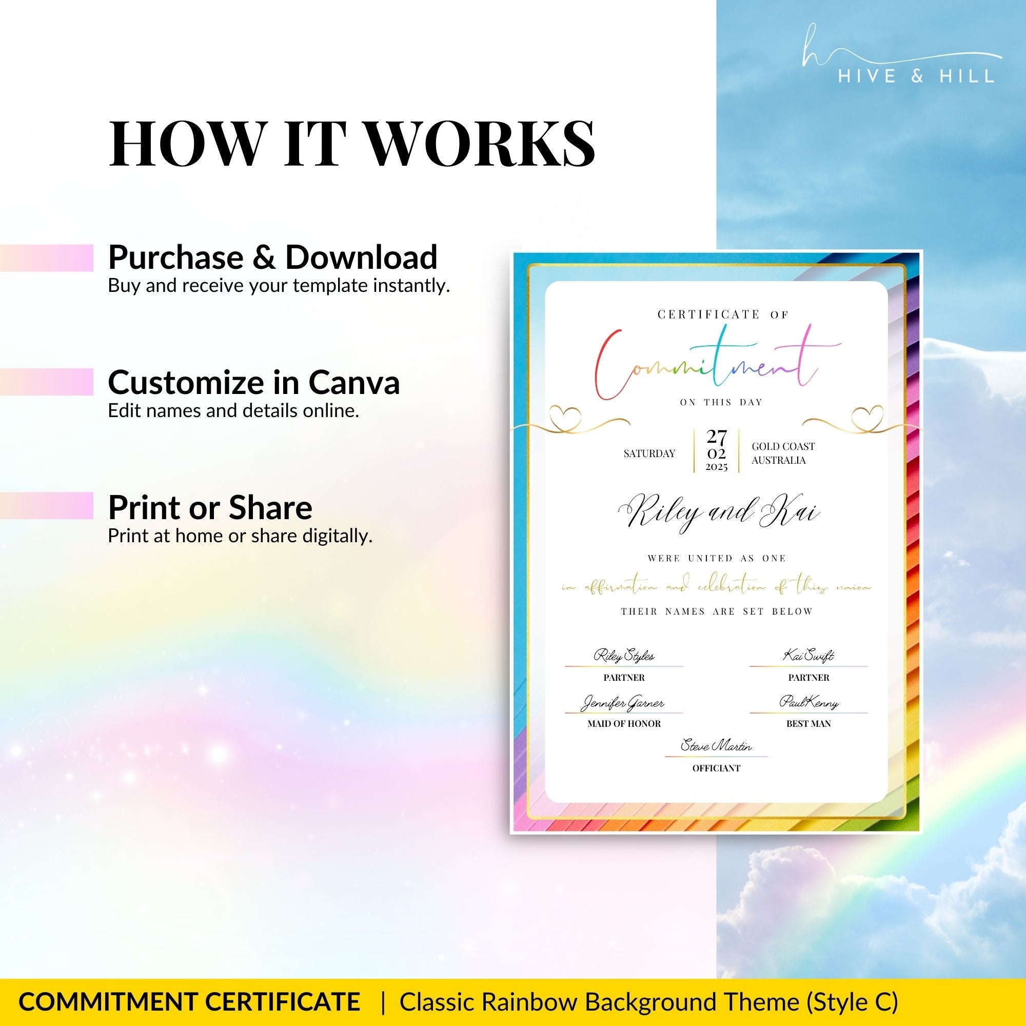 Classic partner commitment certificate template featuring a small rainbow symbol to celebrate LGBTQ+ inclusivity.