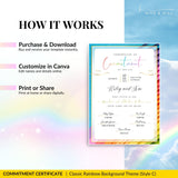 Classic partner commitment certificate template featuring a small rainbow symbol to celebrate LGBTQ+ inclusivity.