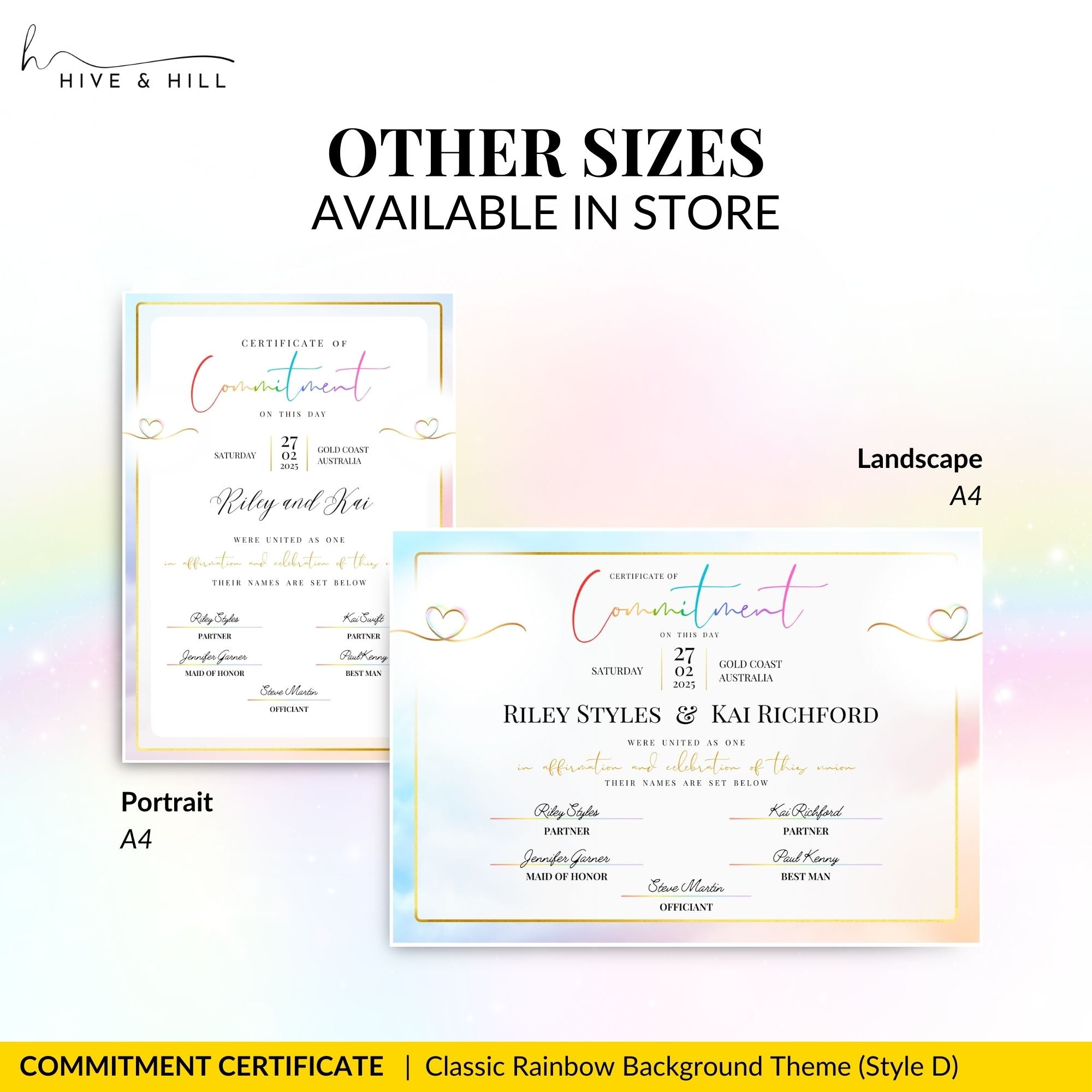 Close-up view of designated signature spaces for couple and witnesses on the LGBTQ+ pronoun commitment certificate.