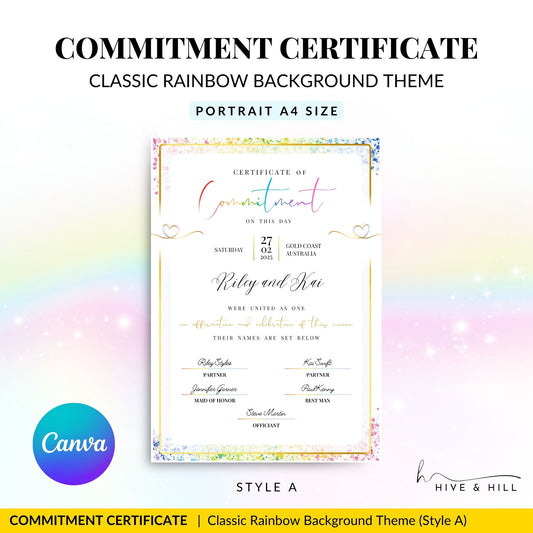 Unity commitment certificate with rainbow border, portrait A4 size, LGBTQIA+ template. Hive and Hill.