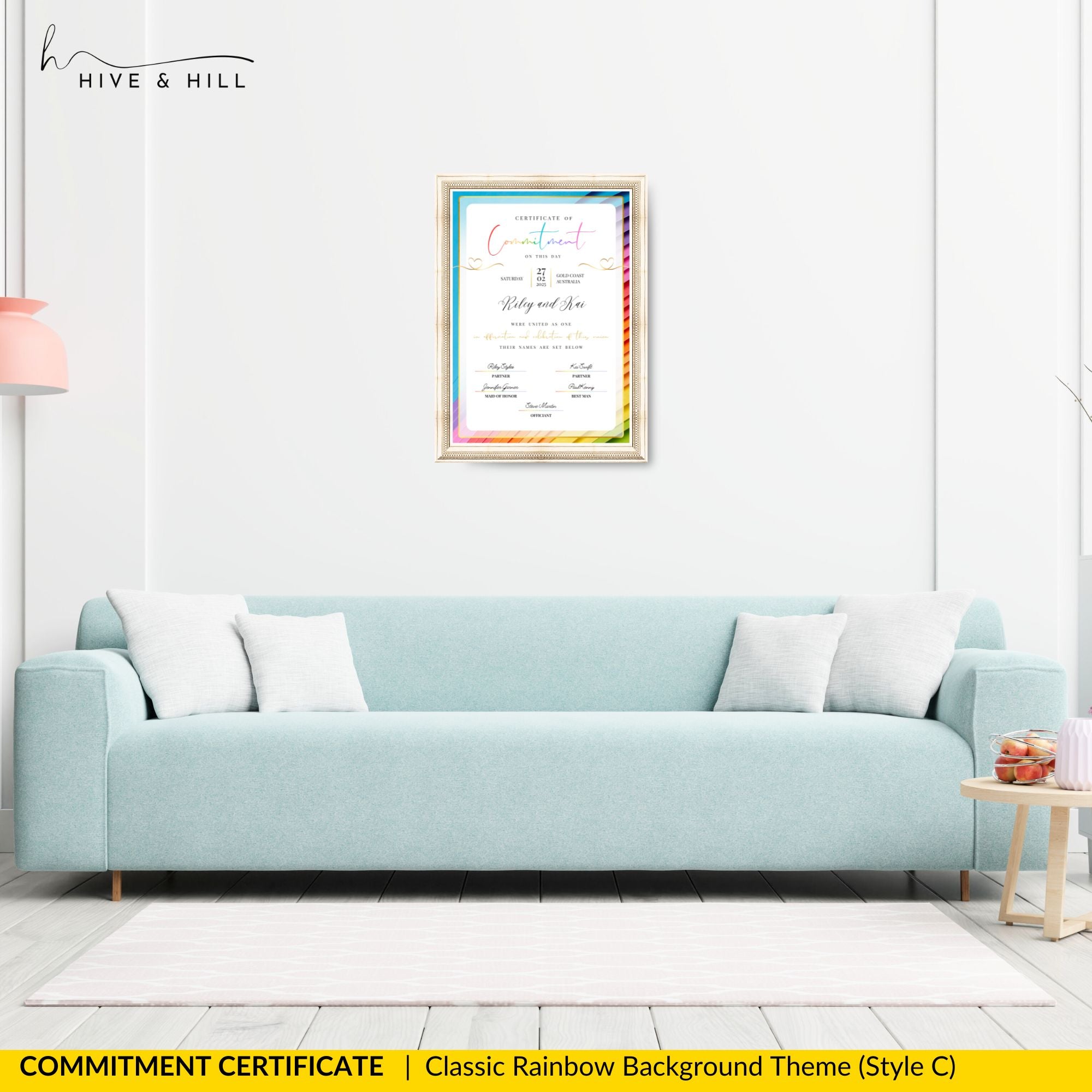 Classic partner commitment certificate beautifully framed and displayed on the wall above a modern blue couch, highlighting its elegance as home decor.